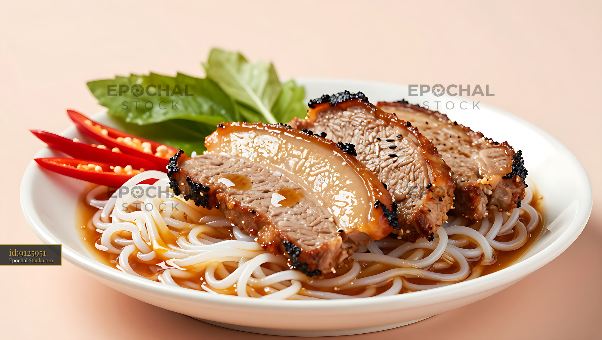 Hanoi bun cha pork patties with rice noodles and fresh herbs - stock photo
