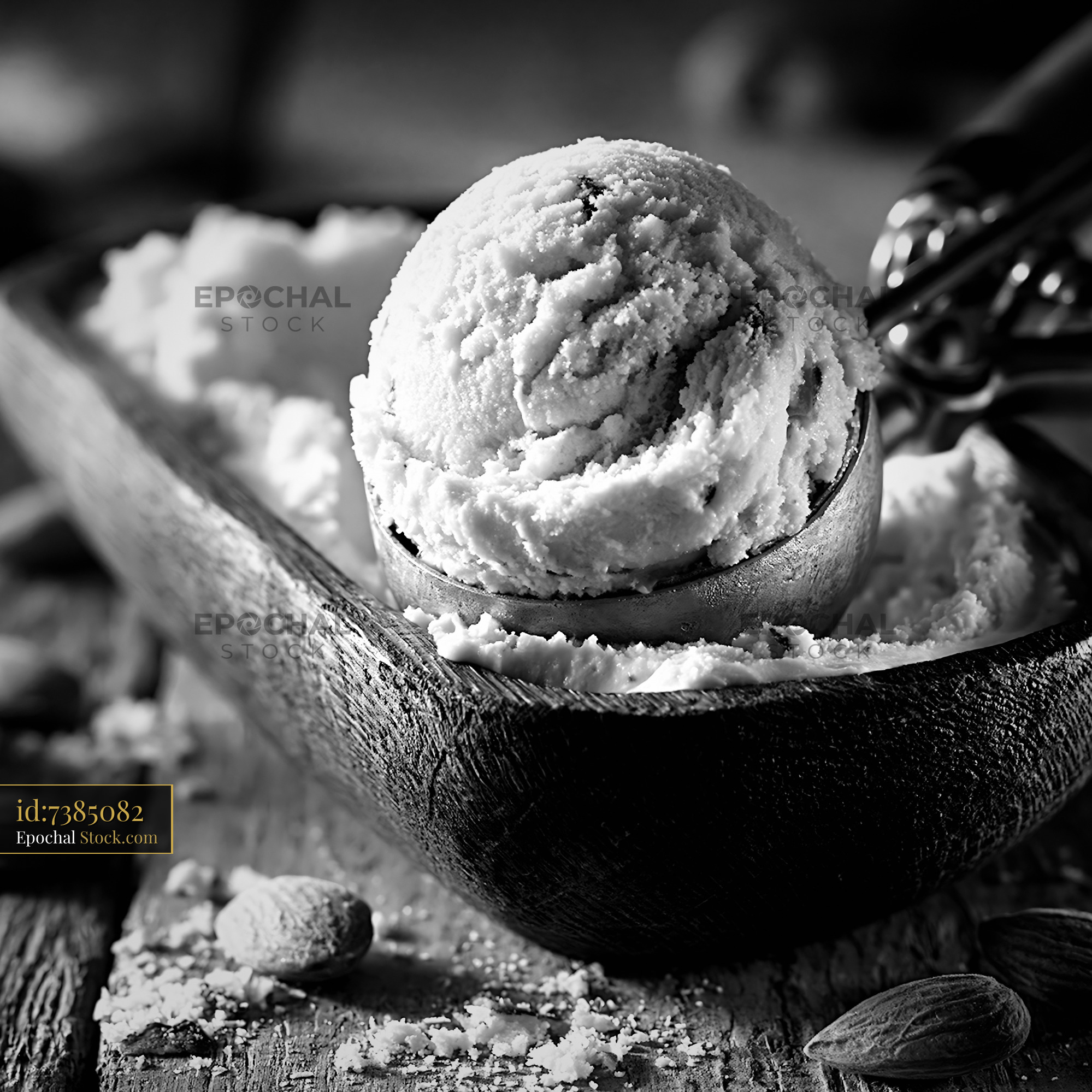 Scoop of artisanal almond paste ice cream in a rustic wooden bowl - stock photo