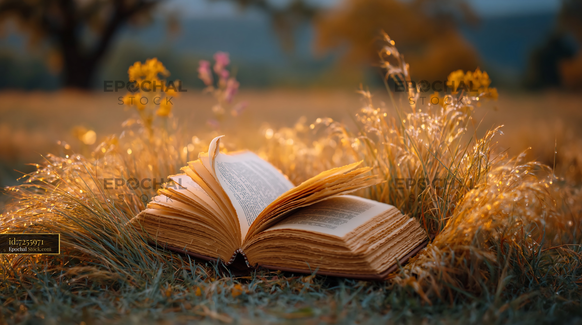 Old book open on grass in a sunlit meadow during golden hour