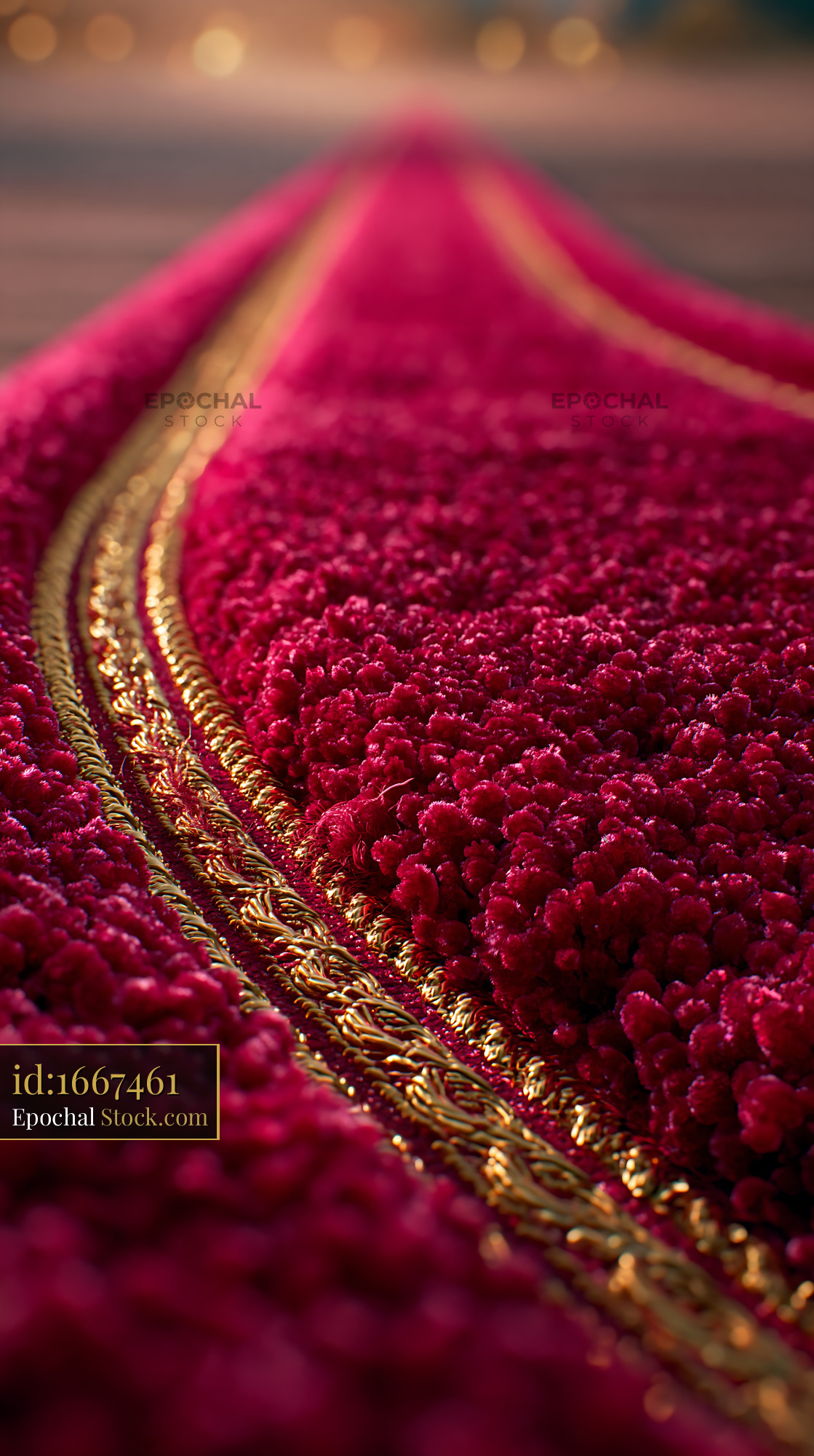 Plush red carpet path with gold embroidery and long perspective - stock photo