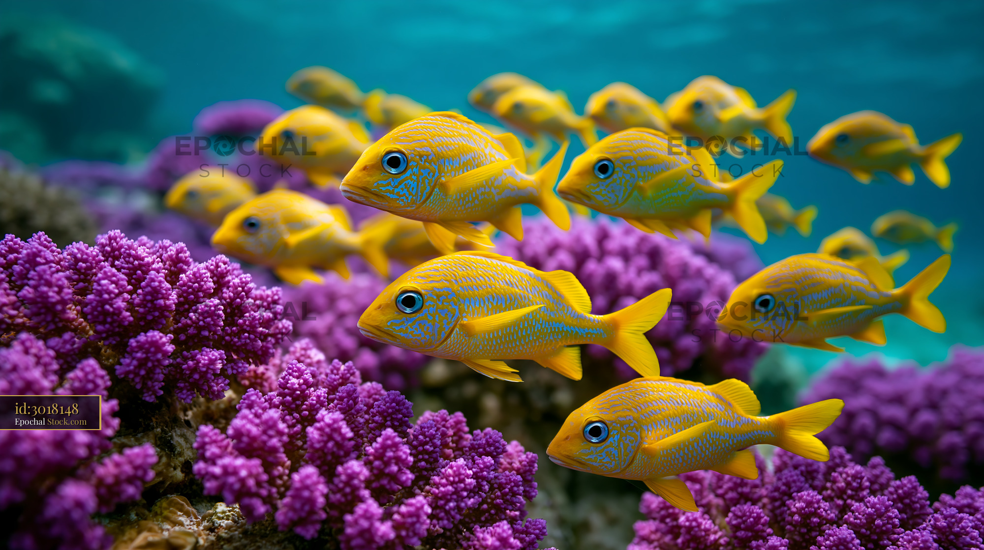 School of yellow snapper fish swimming over vibrant purple coral reef - stock photo