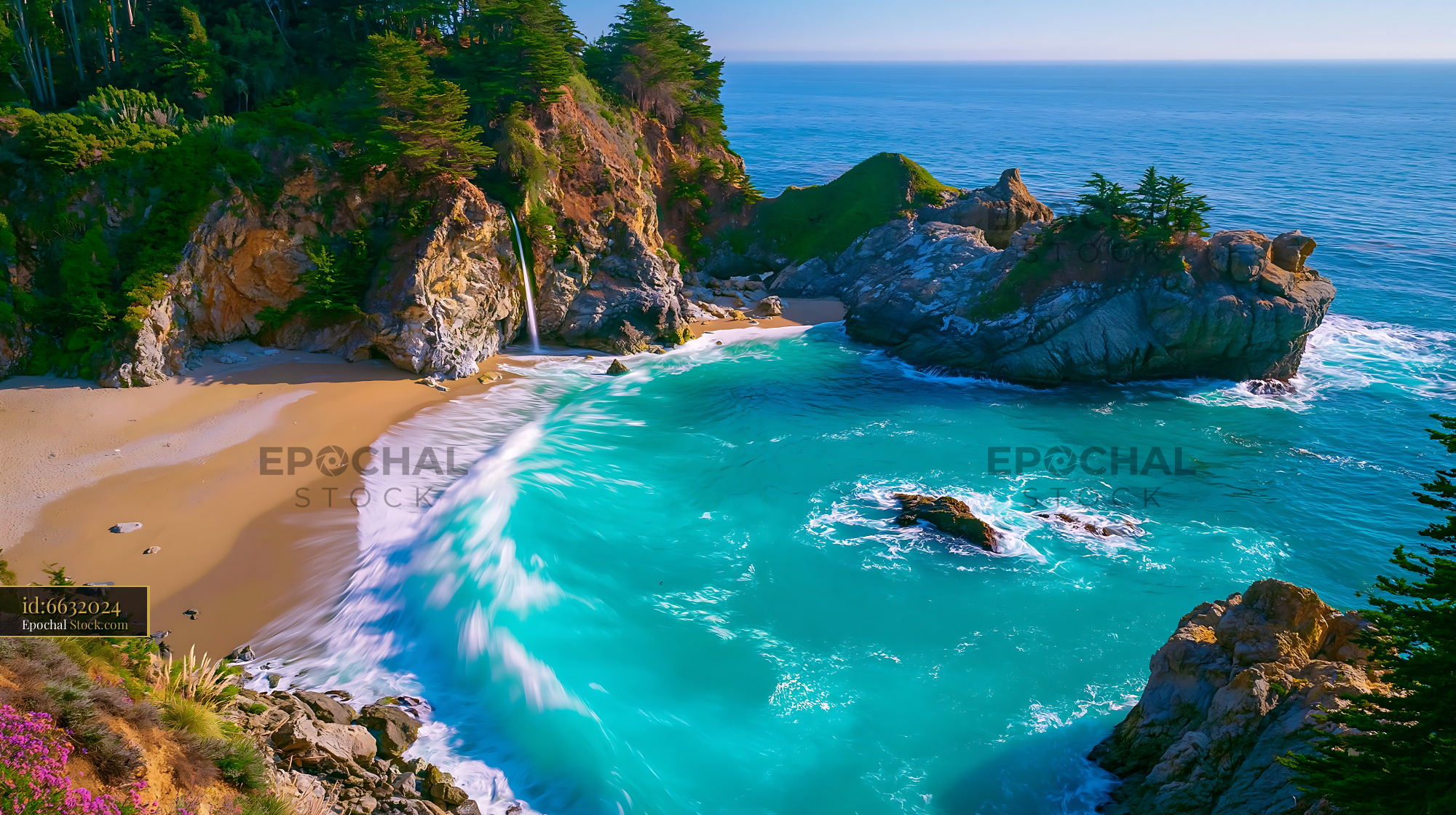 McWay Falls cascading onto a sandy beach along the Big Sur coast - stock photo