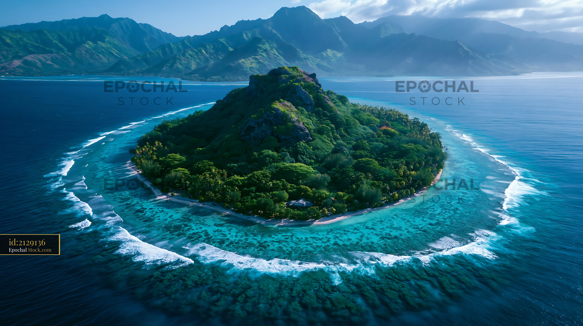 Aerial view of a lush heart-shaped tropical island and coral reef - stock photo