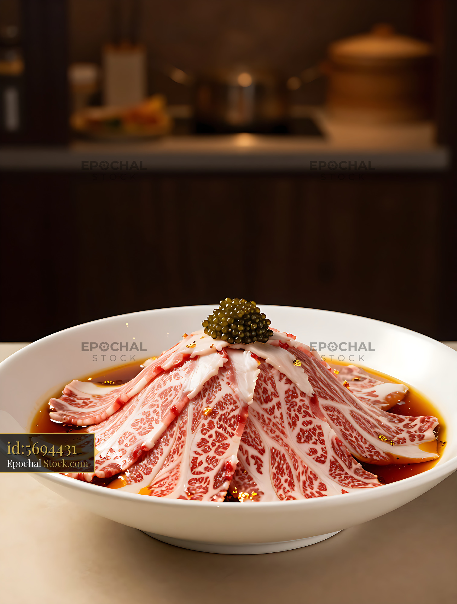 Premium Wagyu beef slices with caviar for Sichuan hotpot dining - stock photo