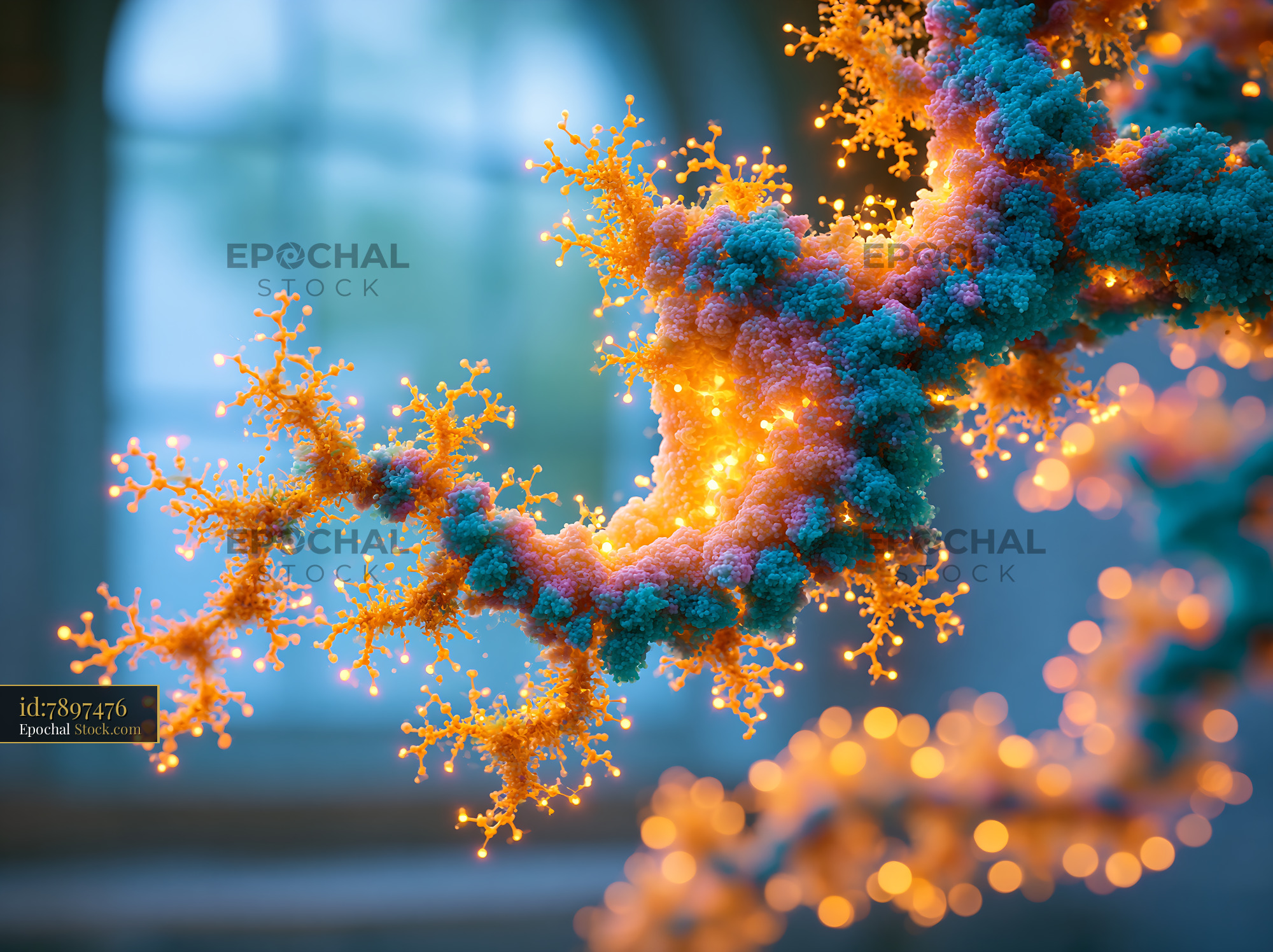 Glowing molecular structure for multi angle light scattering analysis - stock photo