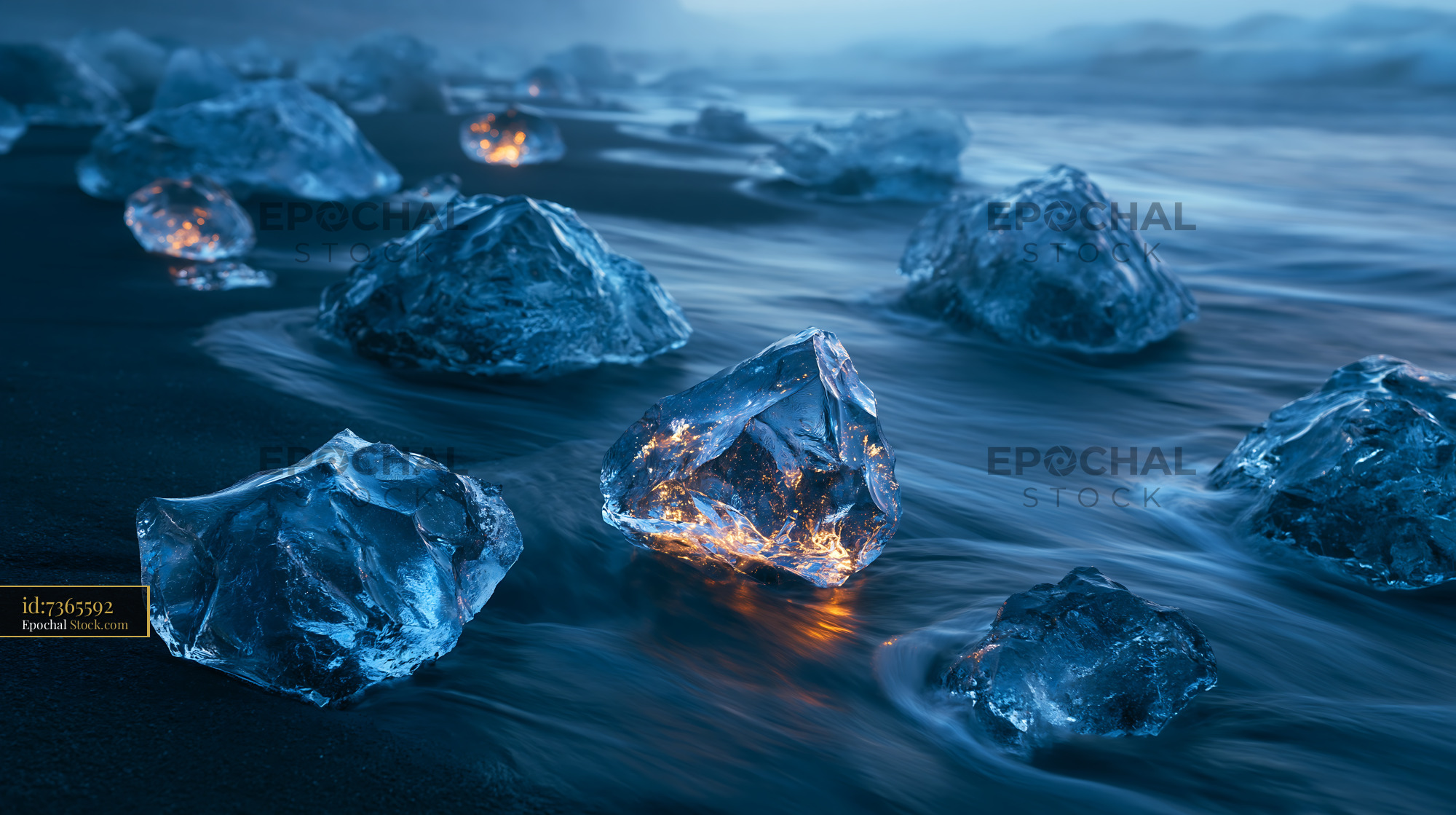 Glowing ice blocks on a black sand beach at blue hour - stock photo