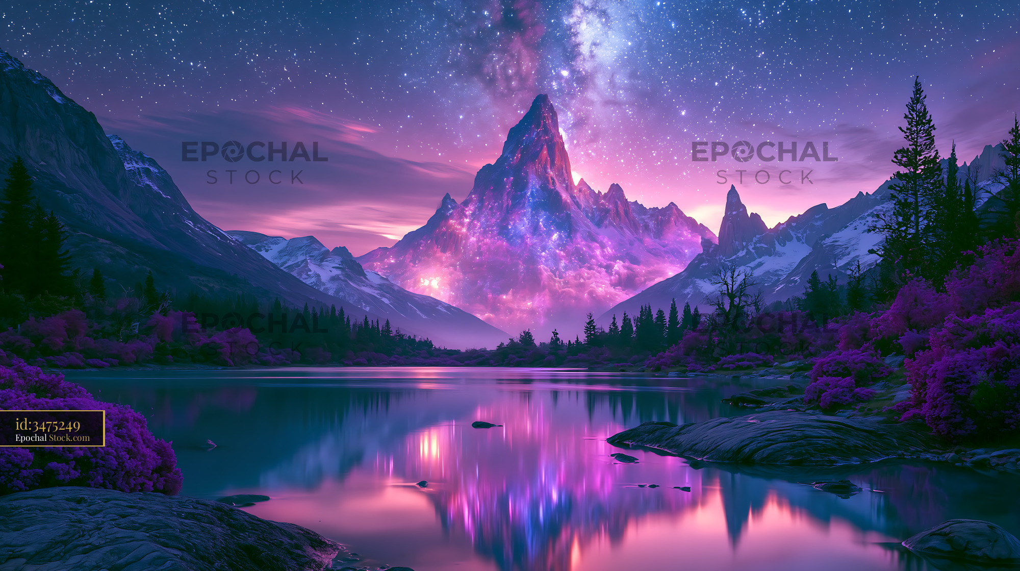 Mountain peak under the milky way reflected in a purple alpine lake - stock photo