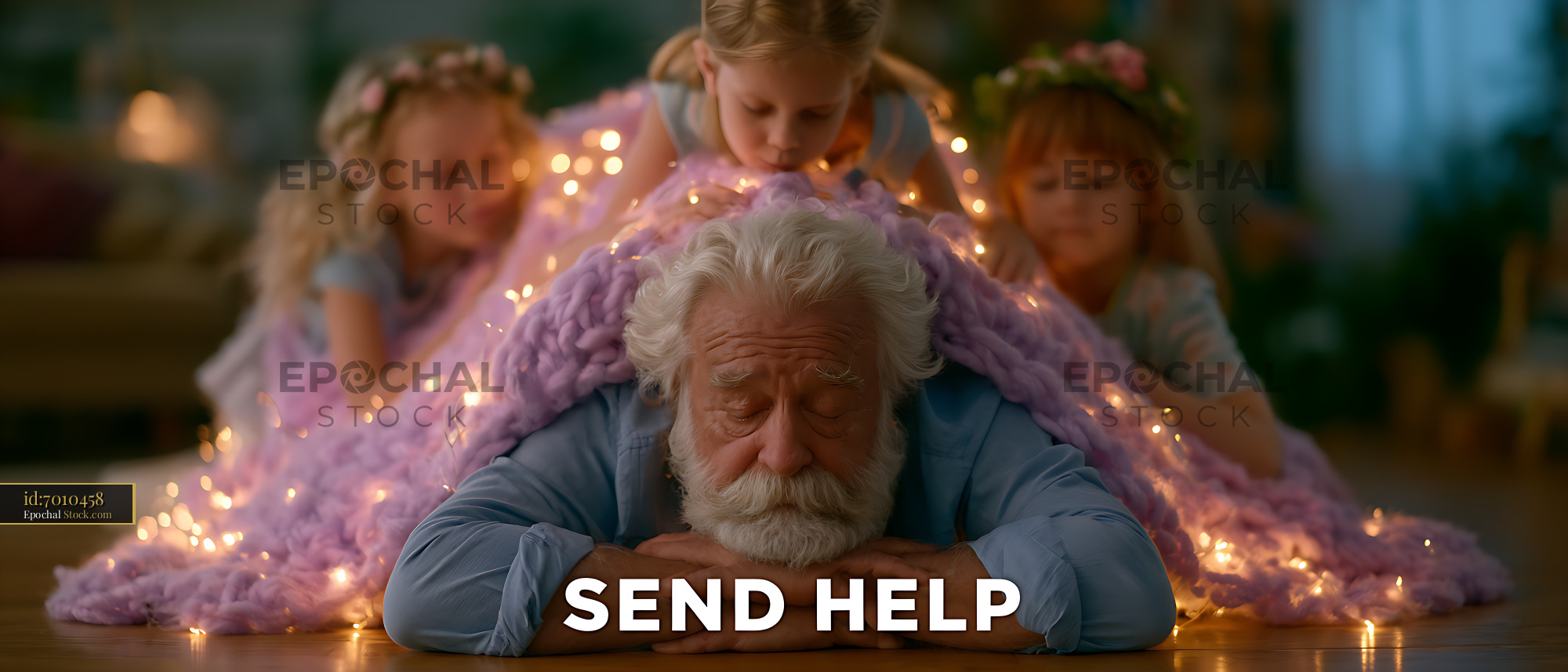 Exhausted grandpa lying on the floor while three granddaughters play - stock photo