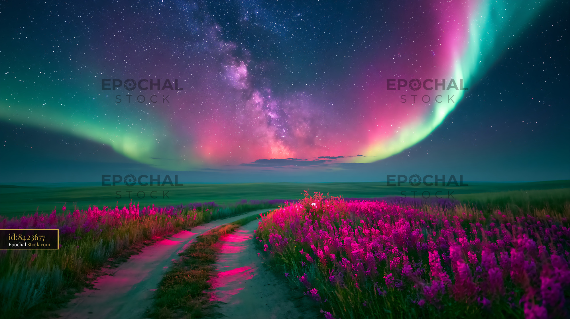 Aurora borealis and milky way over flower field in Himalayan valley at - stock photo