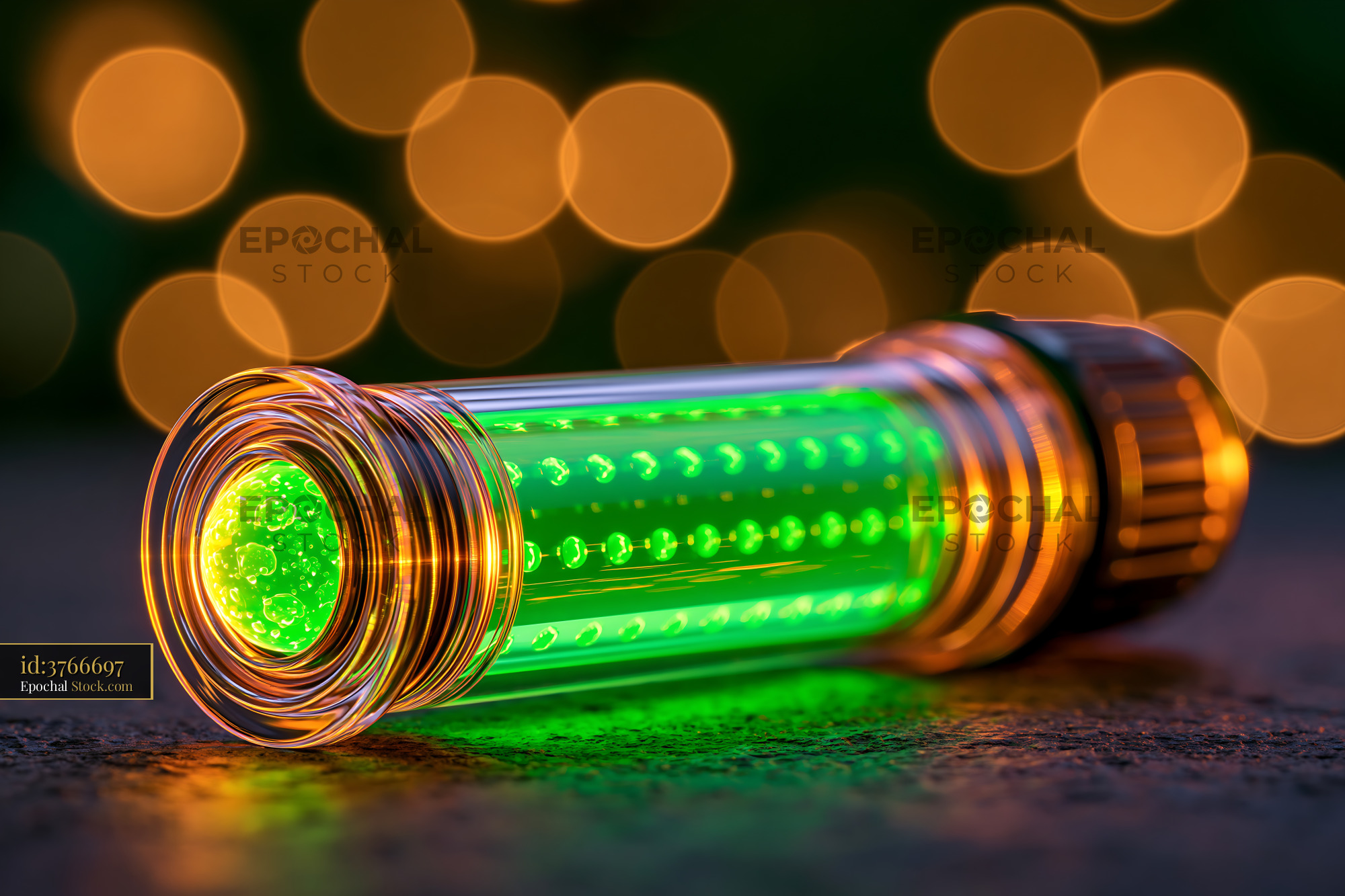 Cas12b mediated nucleic acid detection assay in a glowing green vial - stock photo
