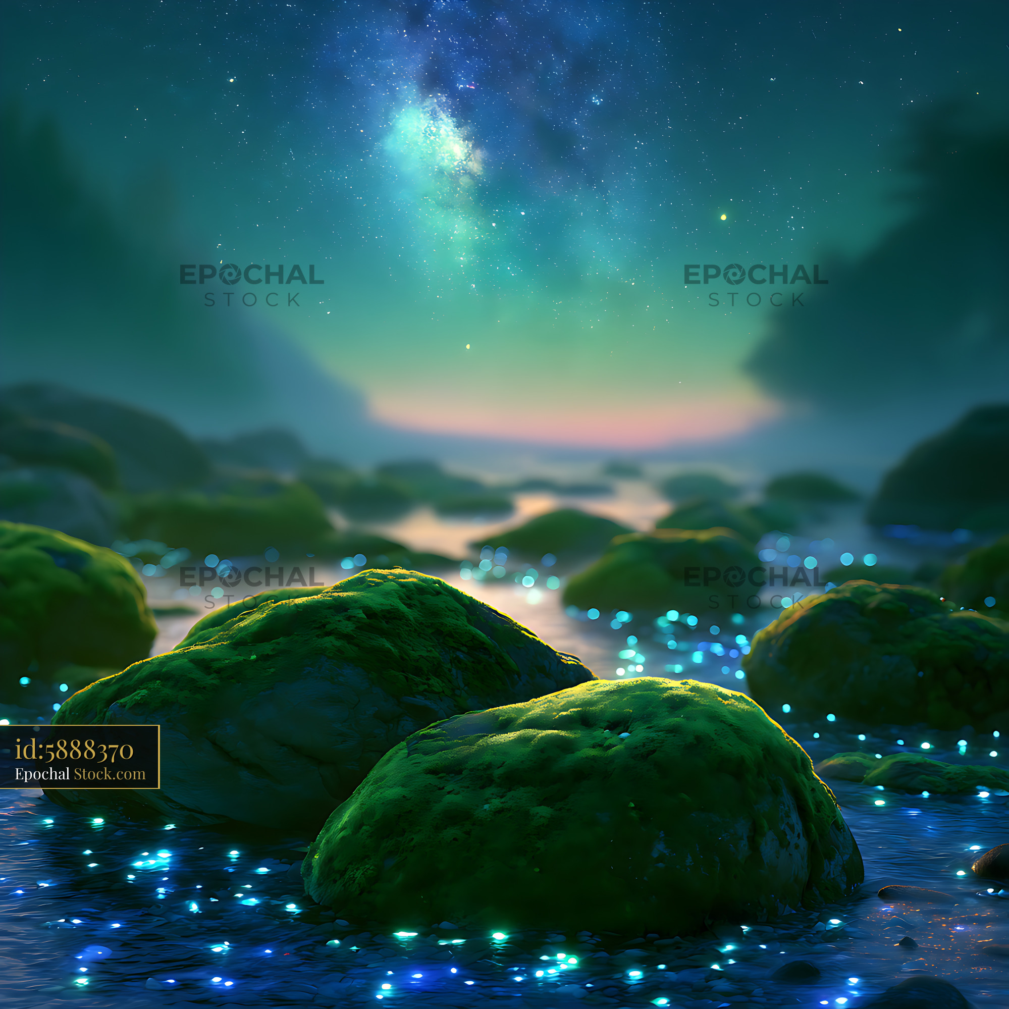Galaxy over mossy river stones with bioluminescent water at night - stock photo