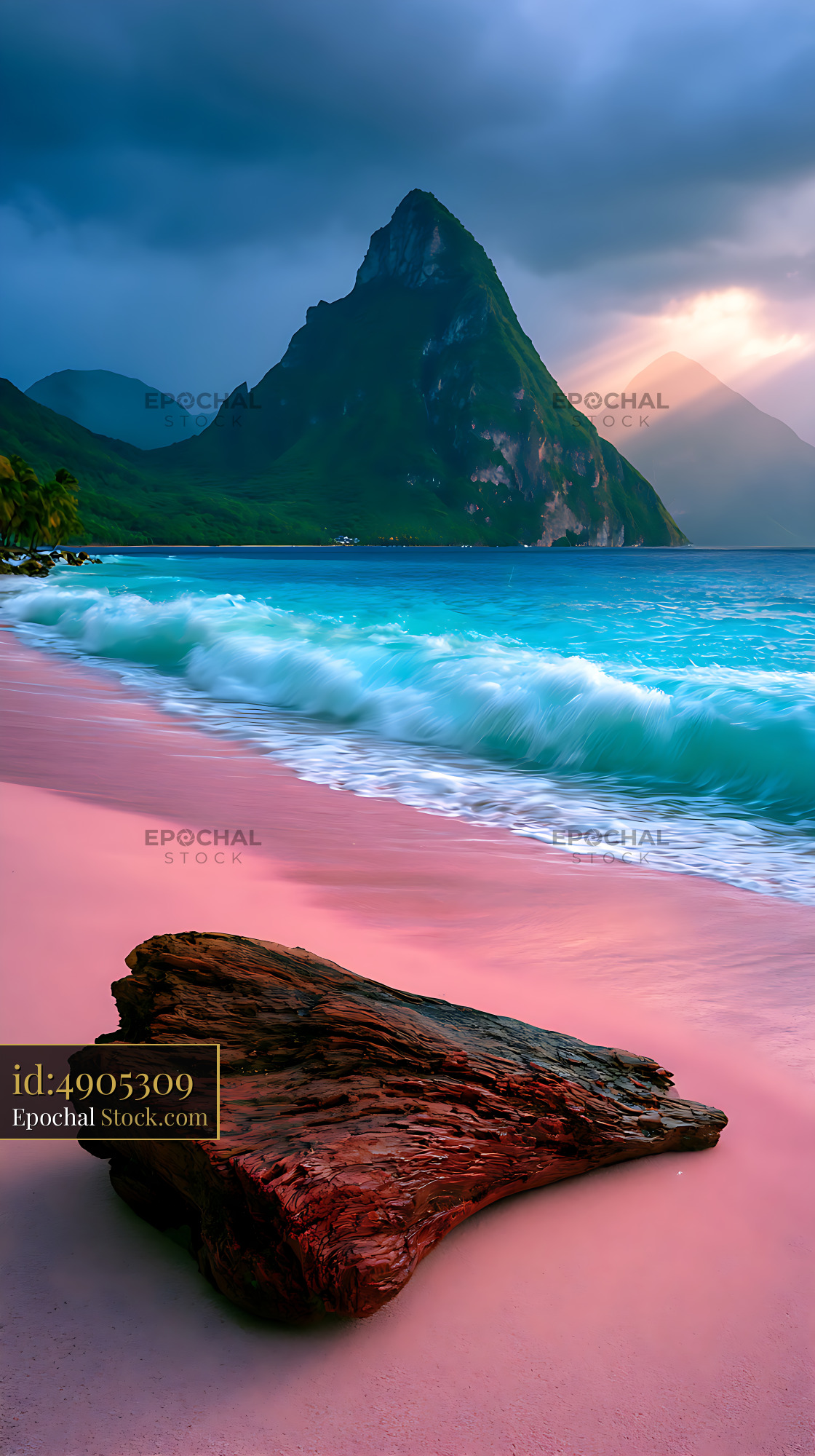 Sugar beach emerald piton vista with pink sand and tropical mountains - stock photo