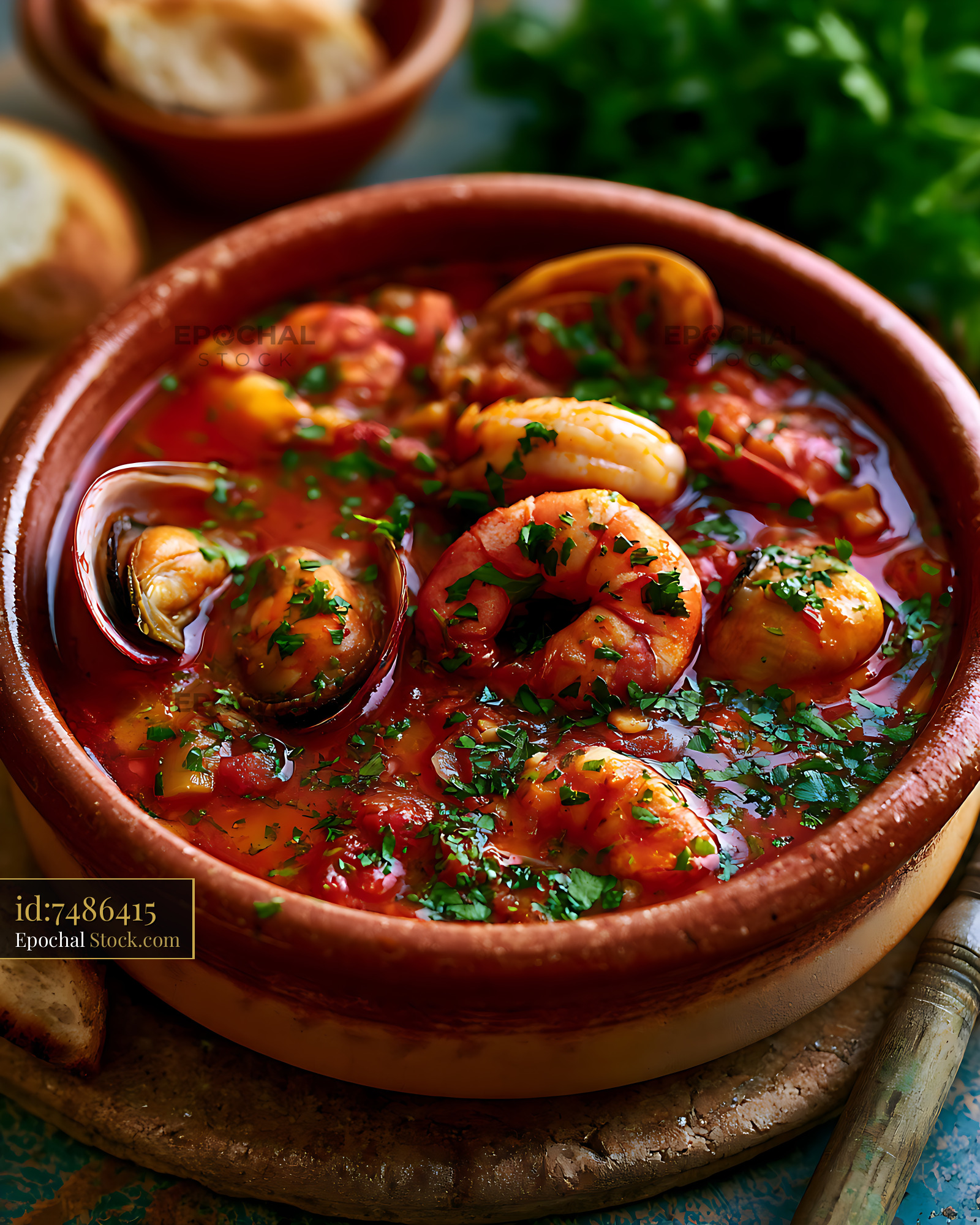 Traditional Brodetto Vastese seafood stew in a rustic clay pot - stock photo