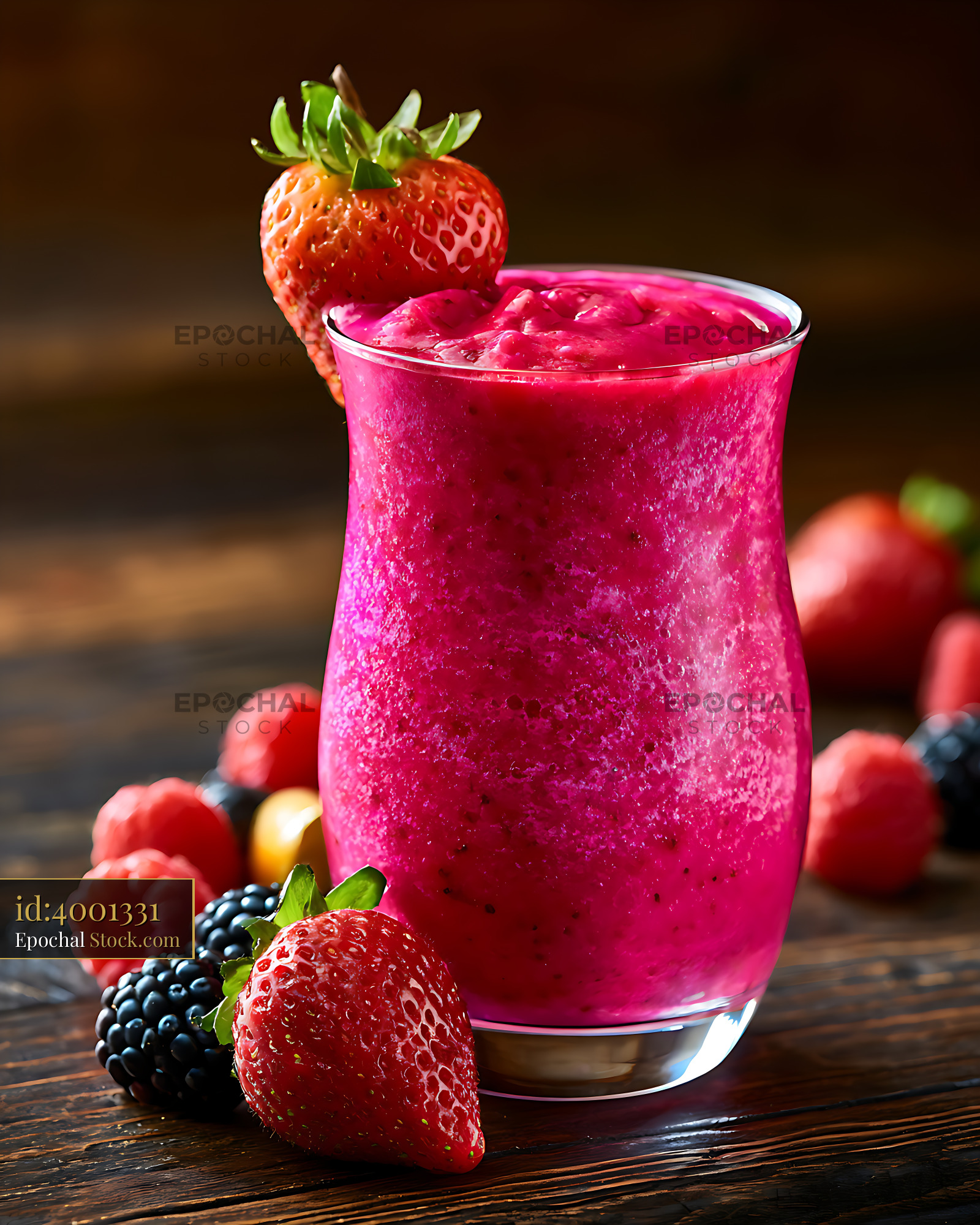 Berry pre workout energy smoothie with fresh fruit on a rustic table - stock photo