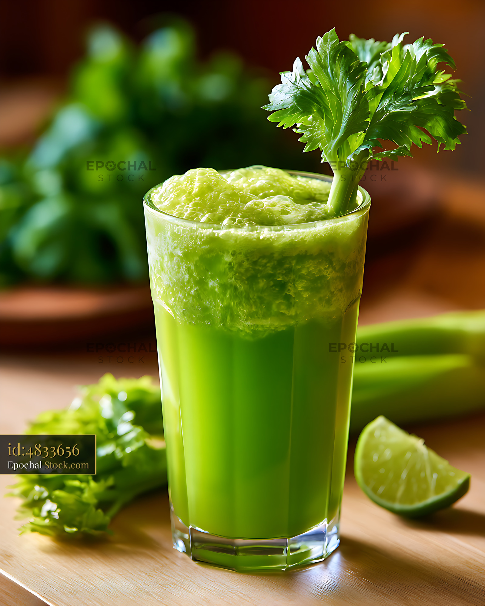 Fresh green celery juice smoothie with foam and lime on wooden table - stock photo