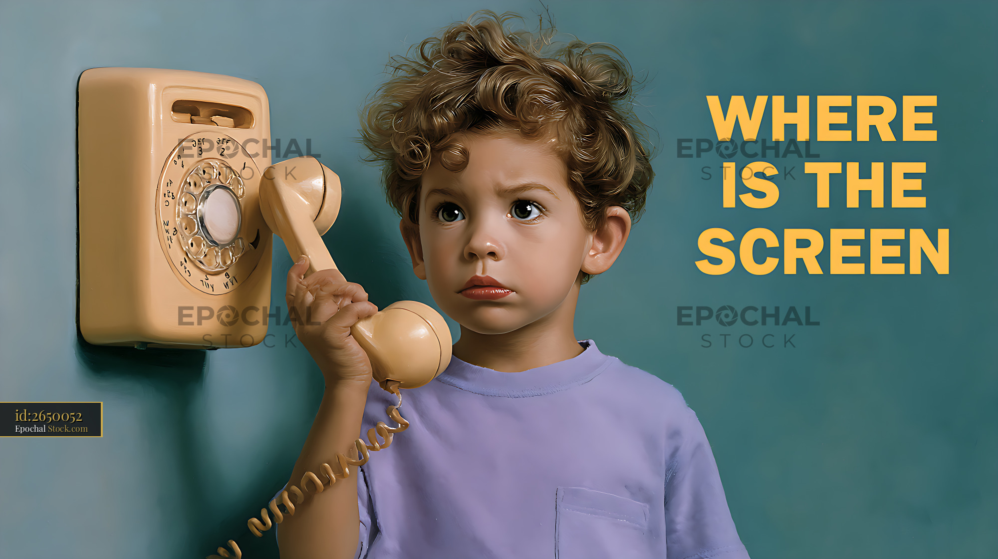 Confused boy with curly hair holding a vintage rotary phone handset - stock photo