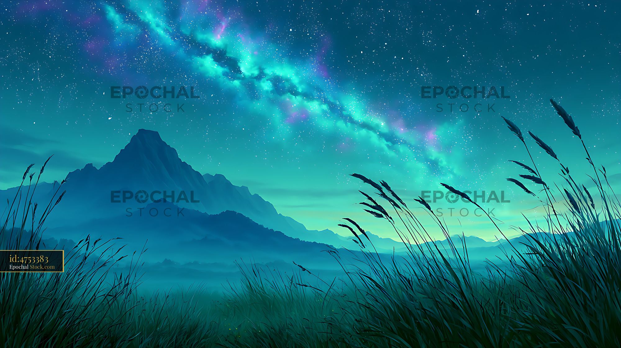 Vibrant turquoise milky way galaxy over mountains and a misty meadow - stock photo
