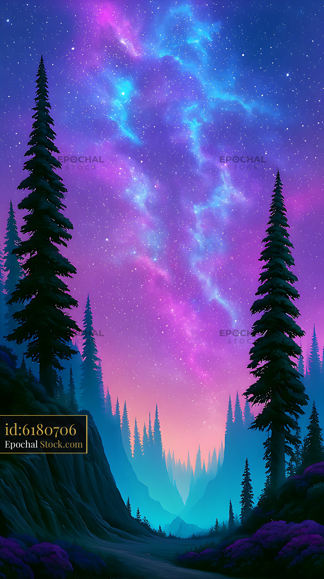 Vibrant milky way galaxy over a cliff edge with cypress silhouettes - stock photo