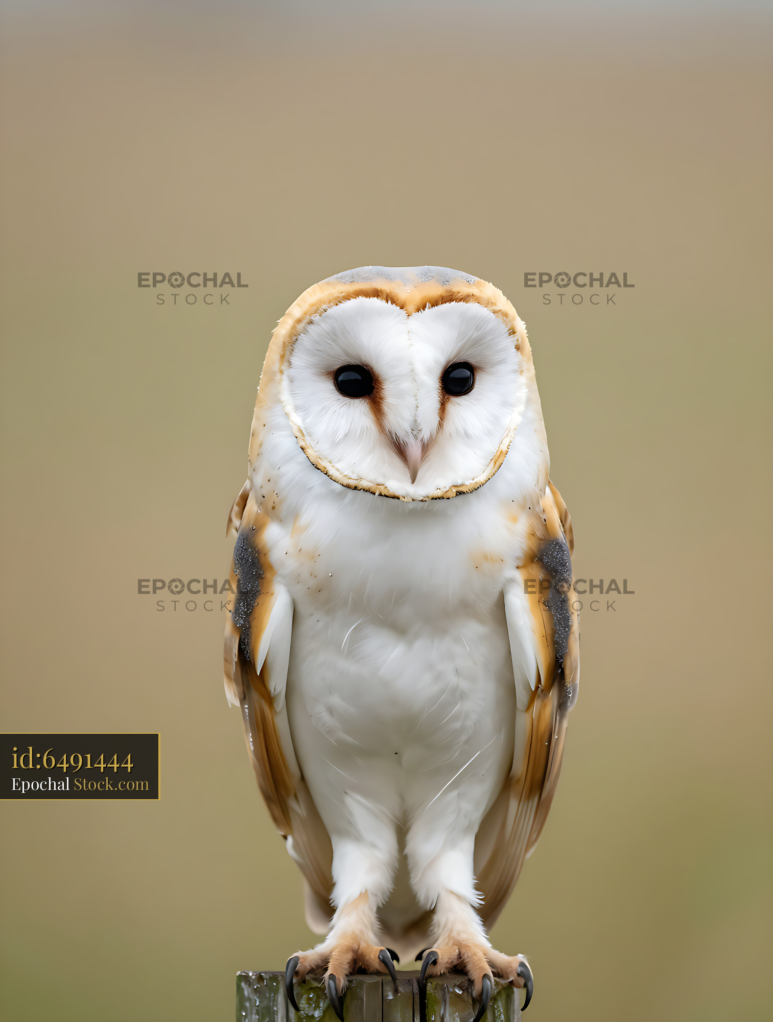 Majestic barn owl perched on a wooden fence post in a summer field - stock photo