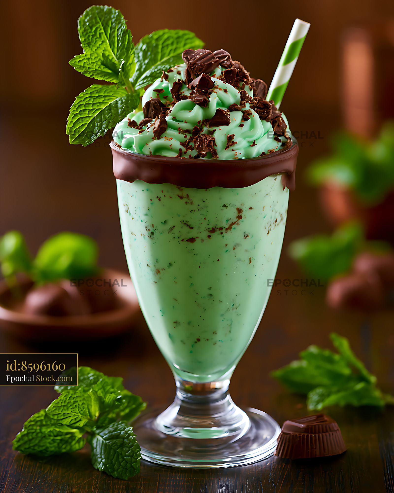 Mint chocolate chip milkshake with whipped cream and fresh mint - stock photo