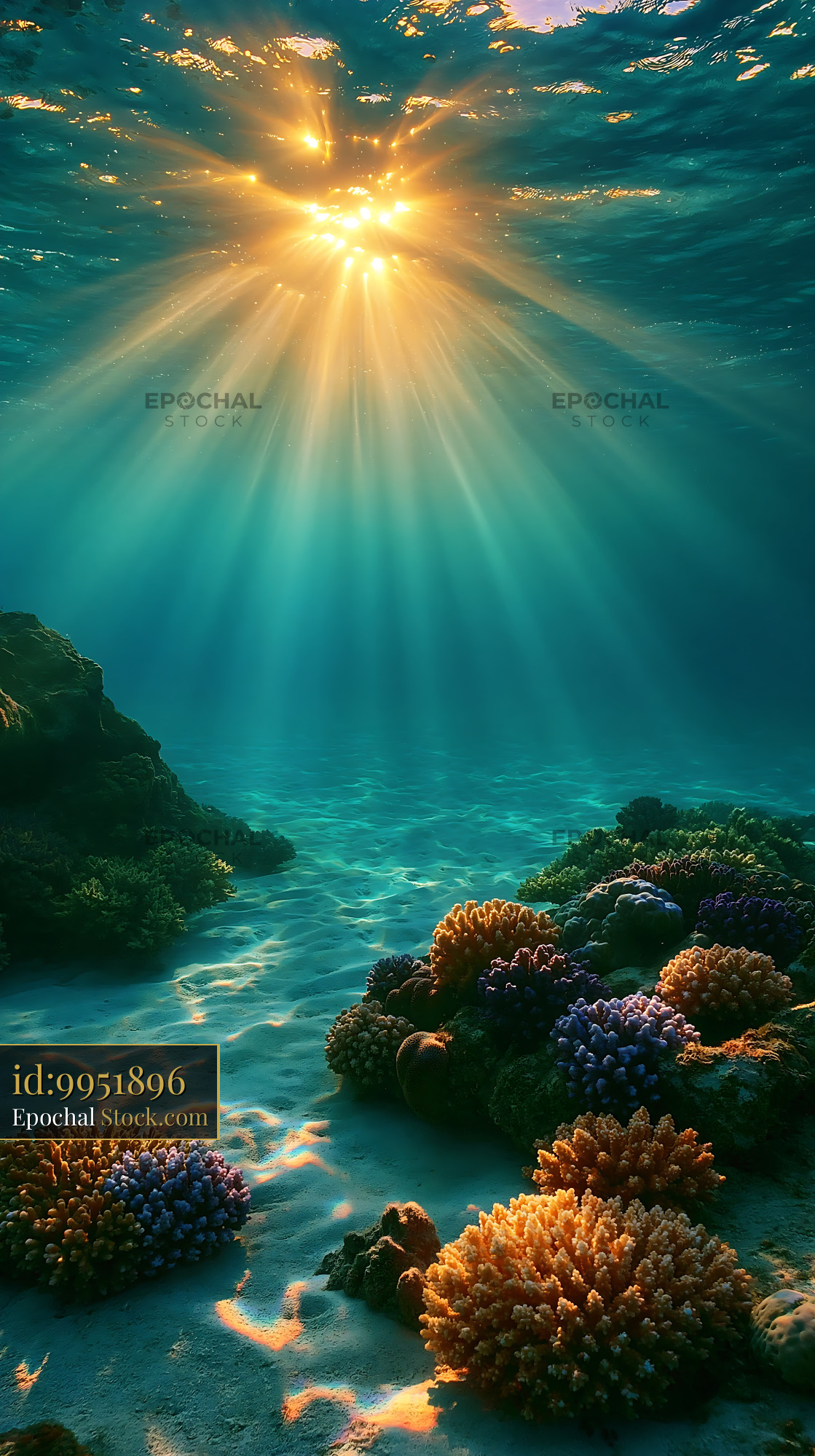Sunbeams piercing the ocean surface over a vibrant coral reef - stock photo
