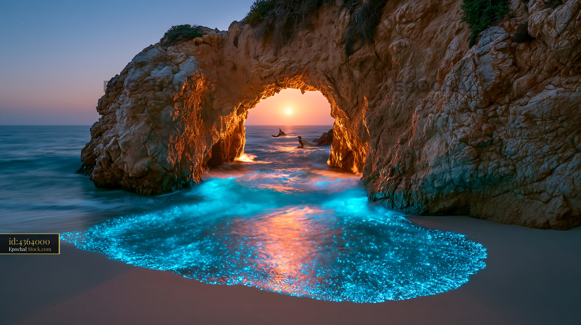 Limestone arch hidden white sand beach with bioluminescent waves at su - stock photo