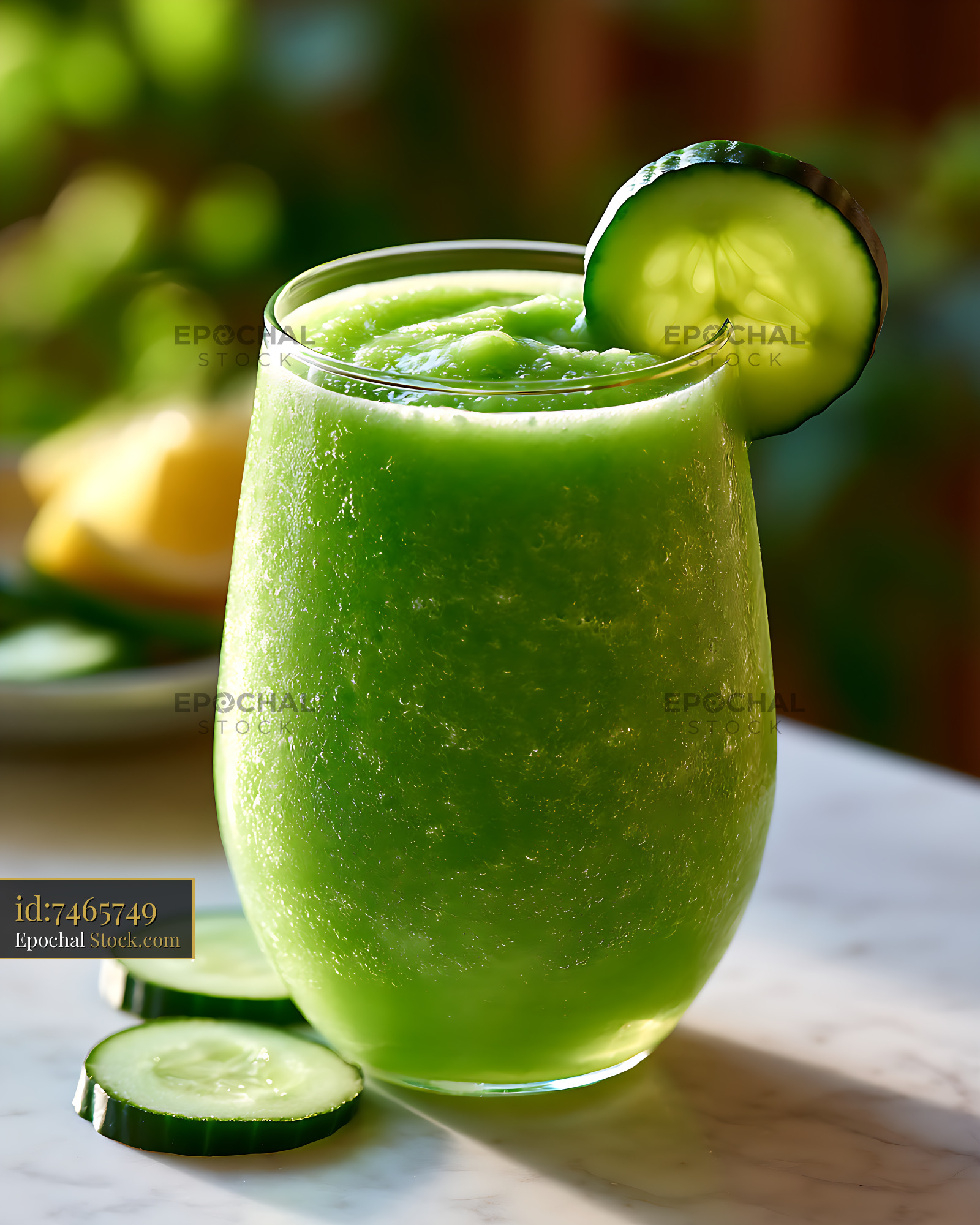 Fresh green cucumber smoothie in a glass on a marble table - stock photo