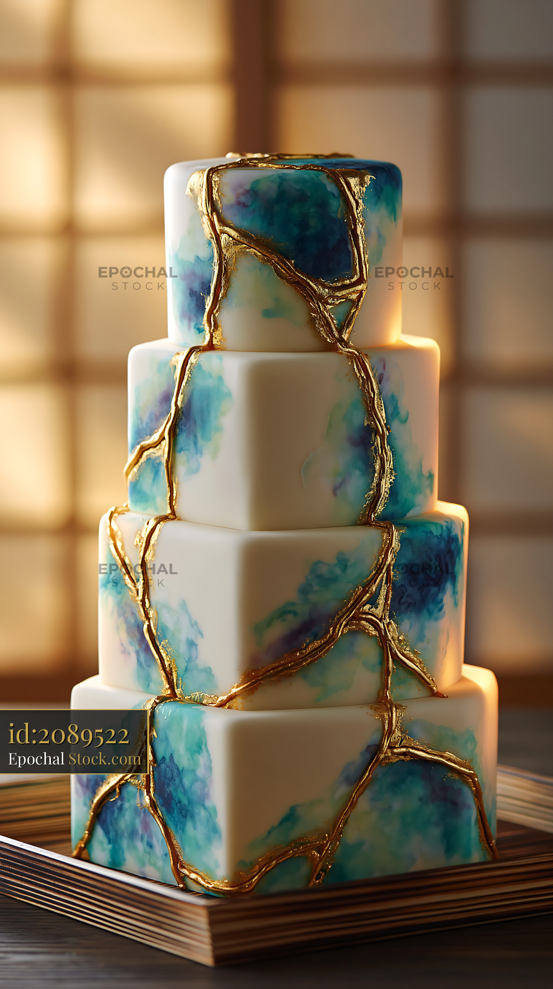 Elegant kintsugi inspired four-tier wedding cake with gold accents - stock photo