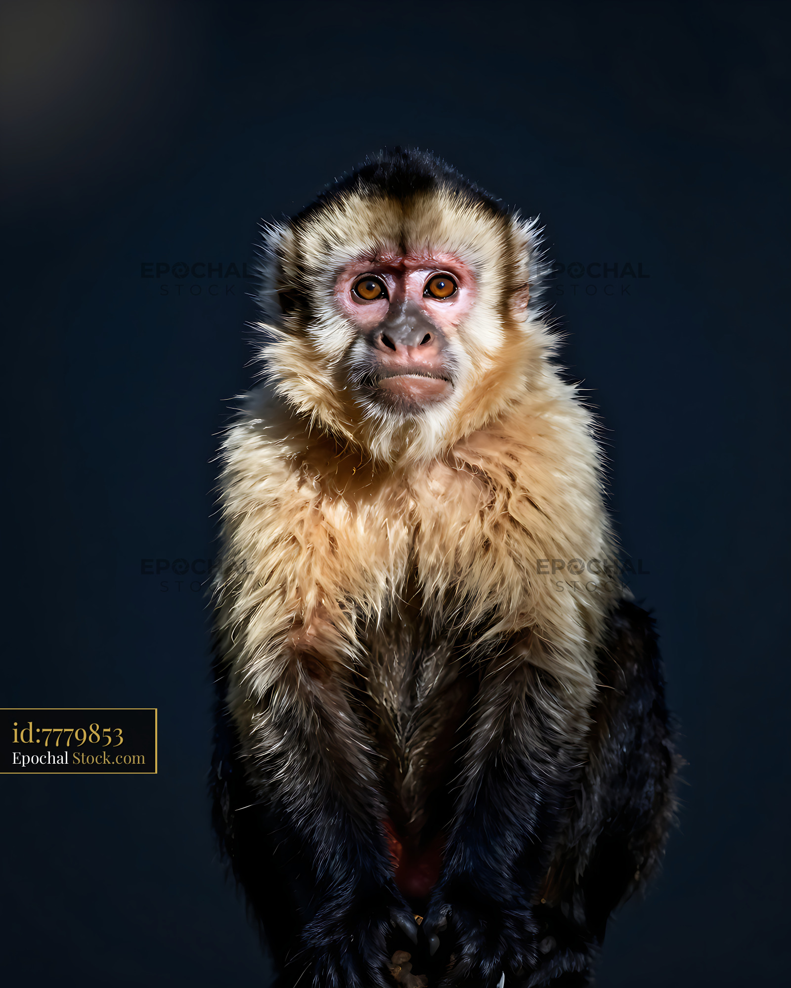 Capuchin monkey with expressive eyes on dark background - stock photo