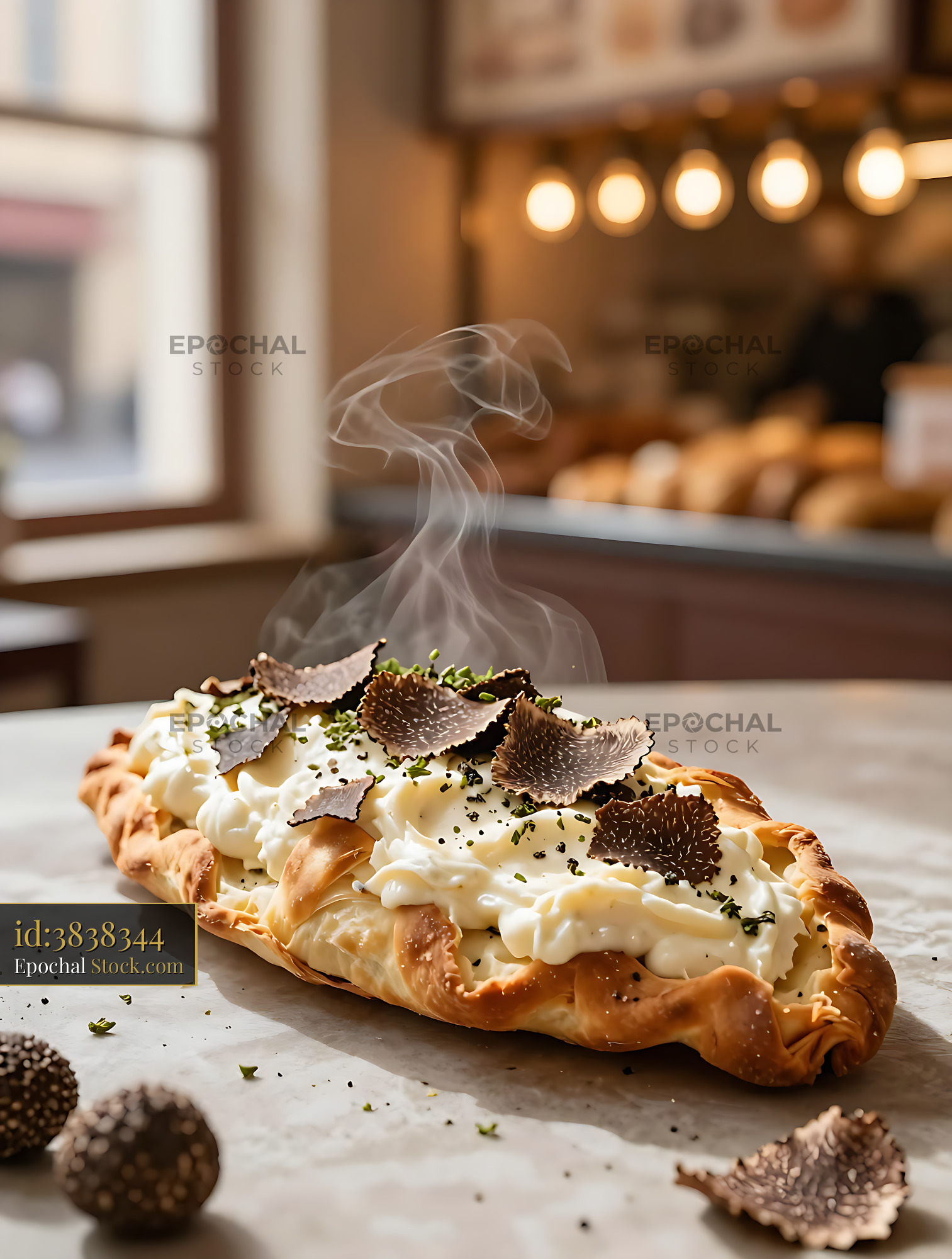 Gourmet calzone with creamy mascarpone and fresh black truffle shaving - stock photo