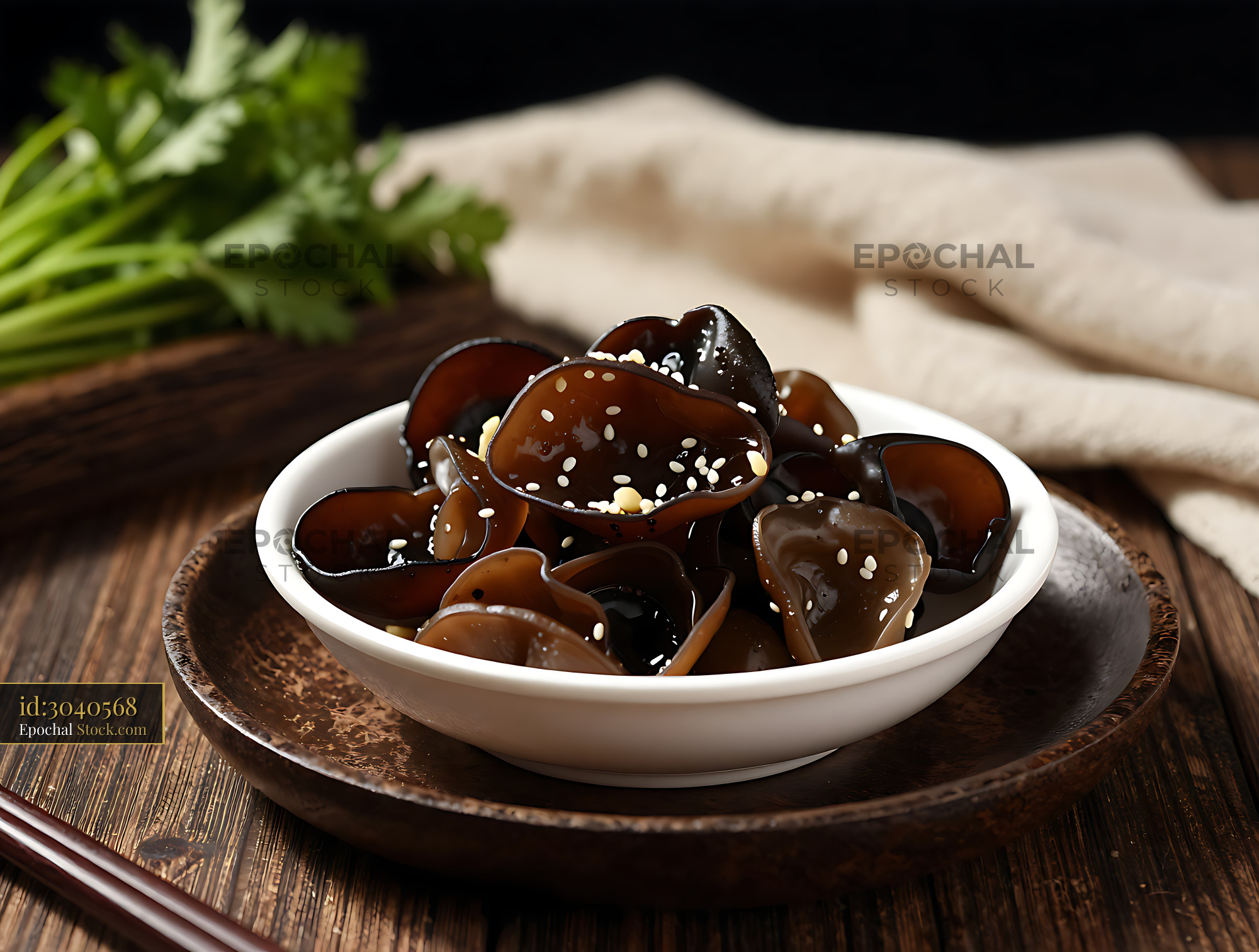 Chinese Liang Ban Mu Er wood ear mushroom salad with sesame seeds - stock photo
