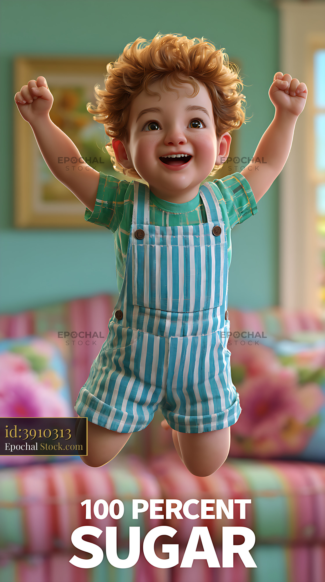 Joyful young boy jumping with excitement in a colorful living room - stock photo