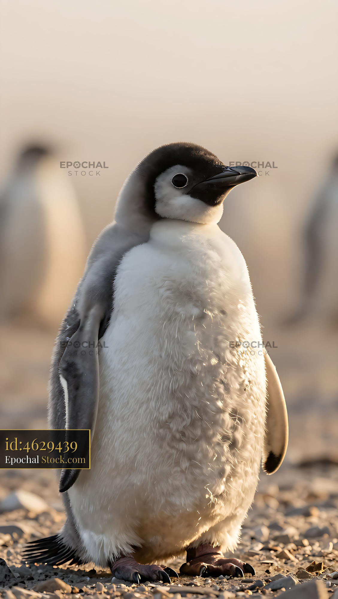 Young Humboldt penguin chick standing on pebbles in golden sunlight - stock photo