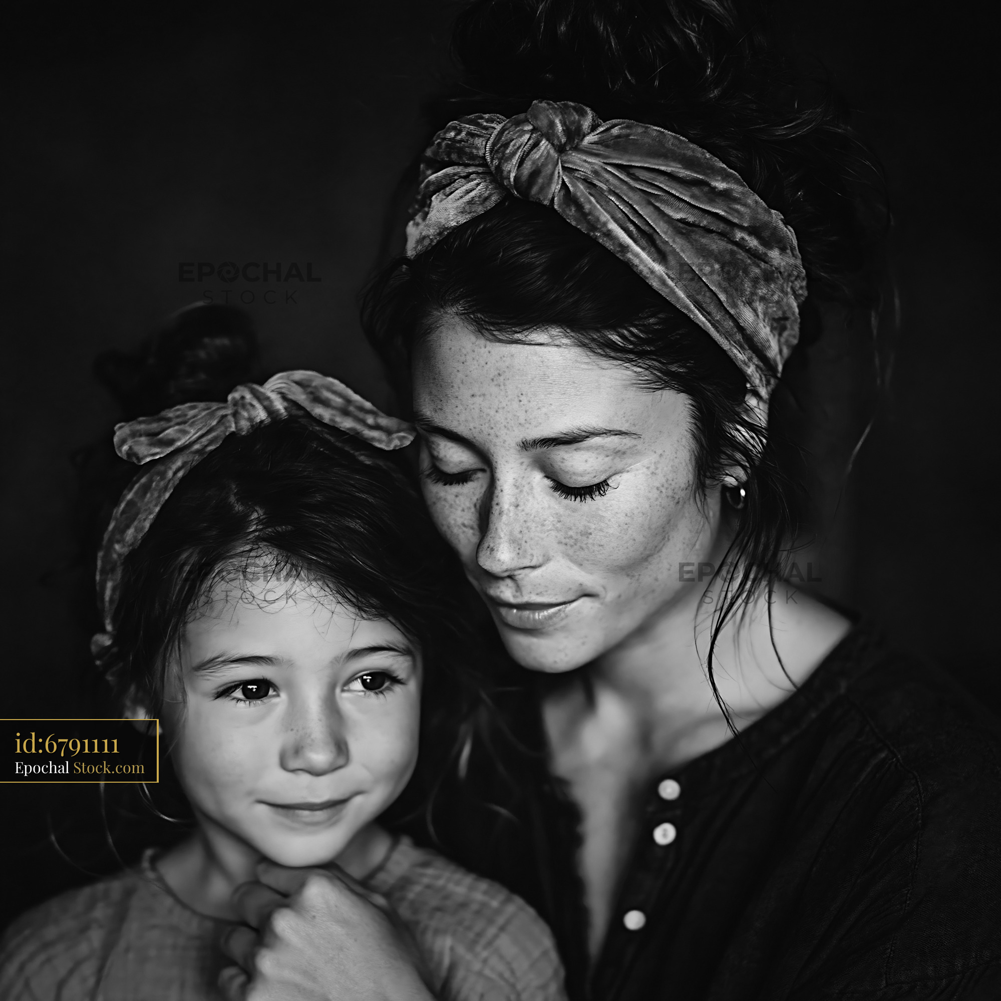 Mother and daughter wearing matching hair ribbons in intimate portrait - stock photo