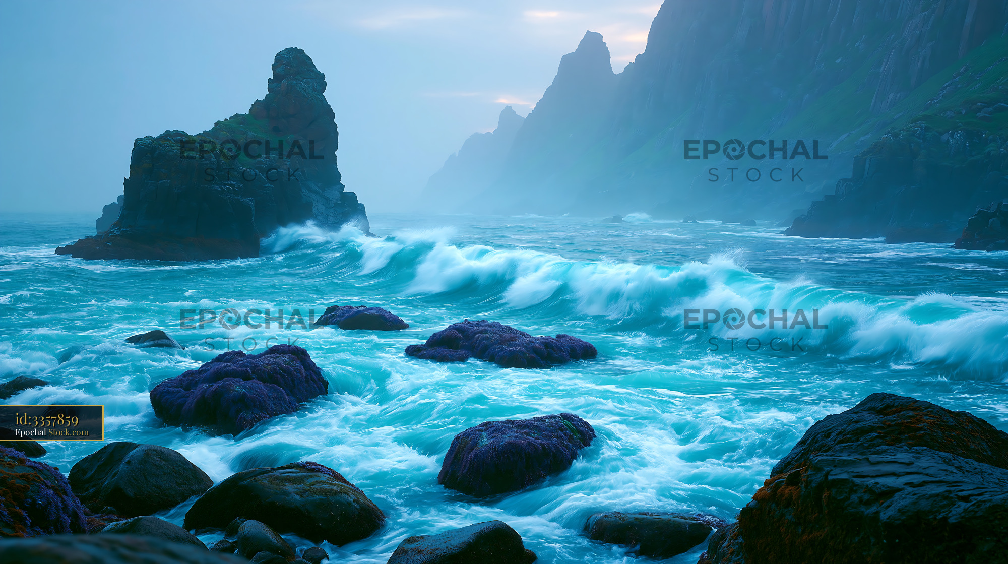 Dramatic turquoise waves crashing against rugged sea cliffs in the mis - stock photo