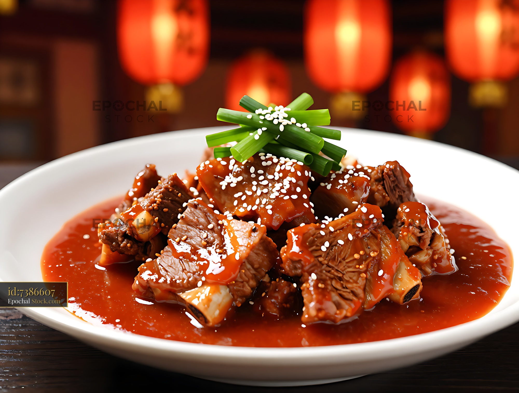 Braised Mokpo Holdaek short ribs in spicy red sauce with sesame seeds - stock photo