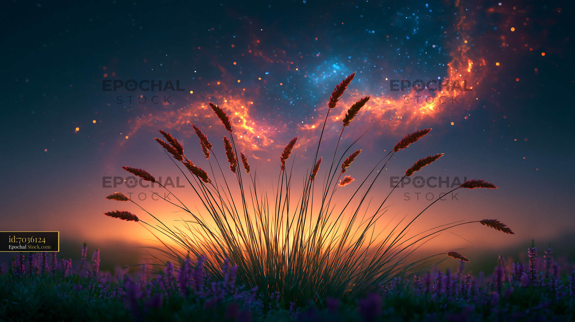 Wild grass silhouette under a vibrant nebula in Cappadocia at night - stock photo