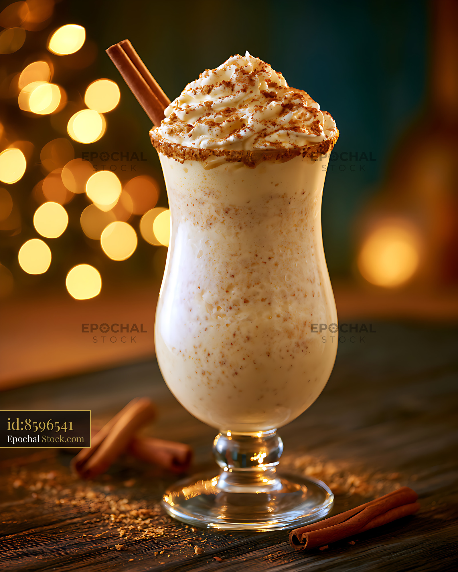 Eggnog holiday milkshake with whipped cream and cinnamon stick - stock photo