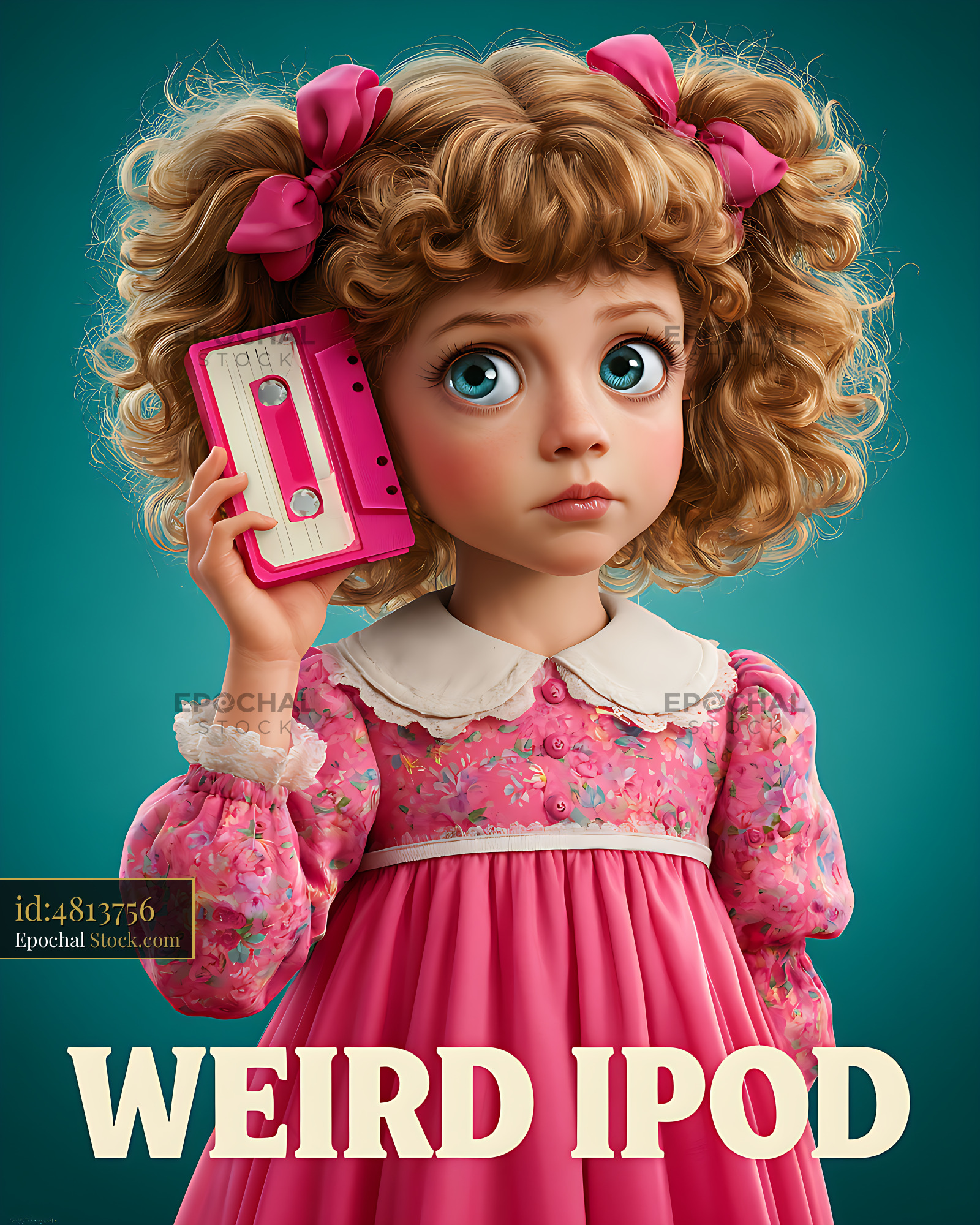 Stylized young girl with curly hair holding a pink cassette tape - stock photo