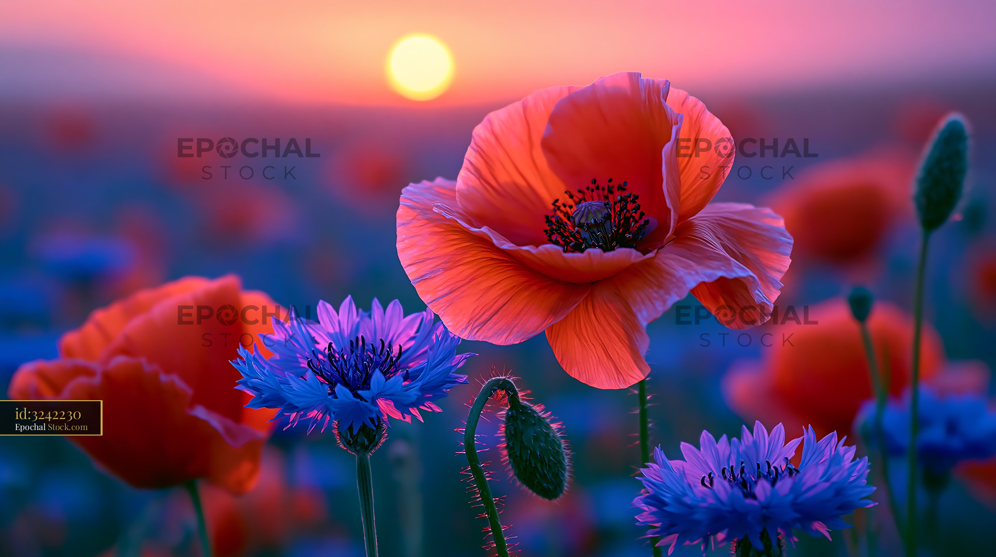 Red poppy and blue cornflowers blooming in a wild field at sunset - stock photo