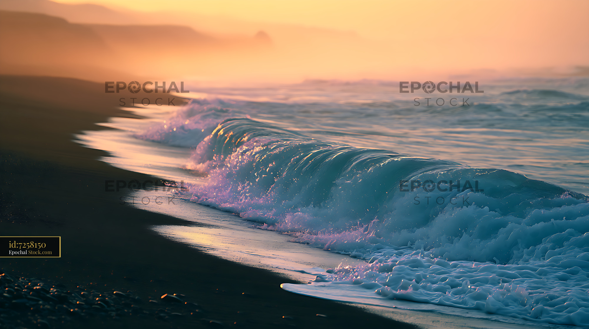 Teal ocean wave crashing on a volcanic shore at sunset - stock photo