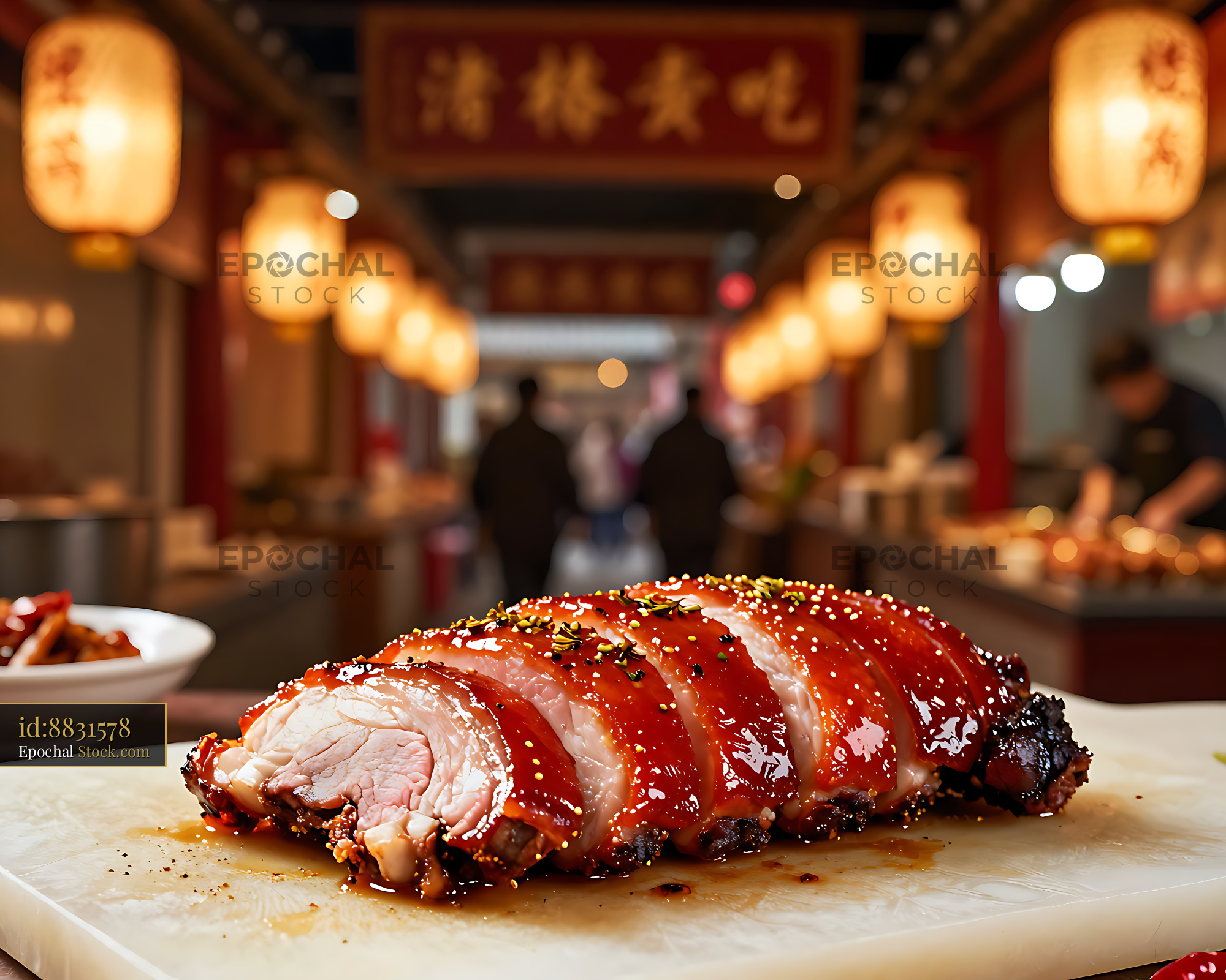 Sliced Cantonese Char Siu Mei with honey glaze in a night market - stock photo