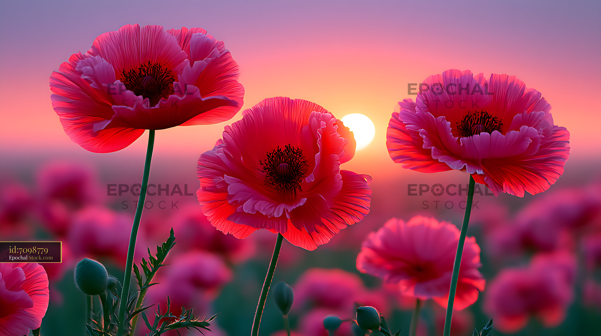 Vibrant poppies in the uzbek wild poppy steppe at dawn - stock photo