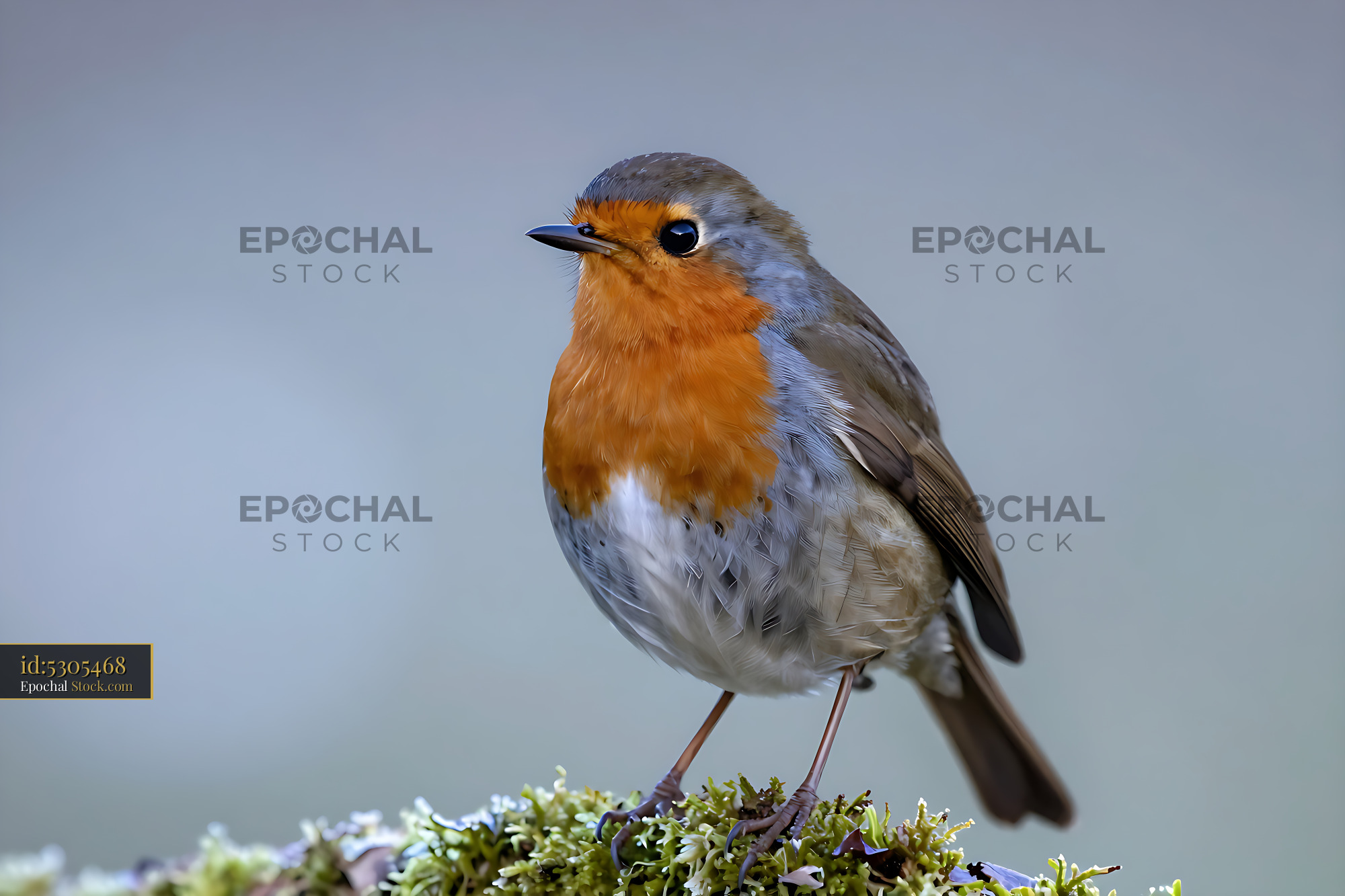 European robin perched on a mossy branch against a soft background - stock photo