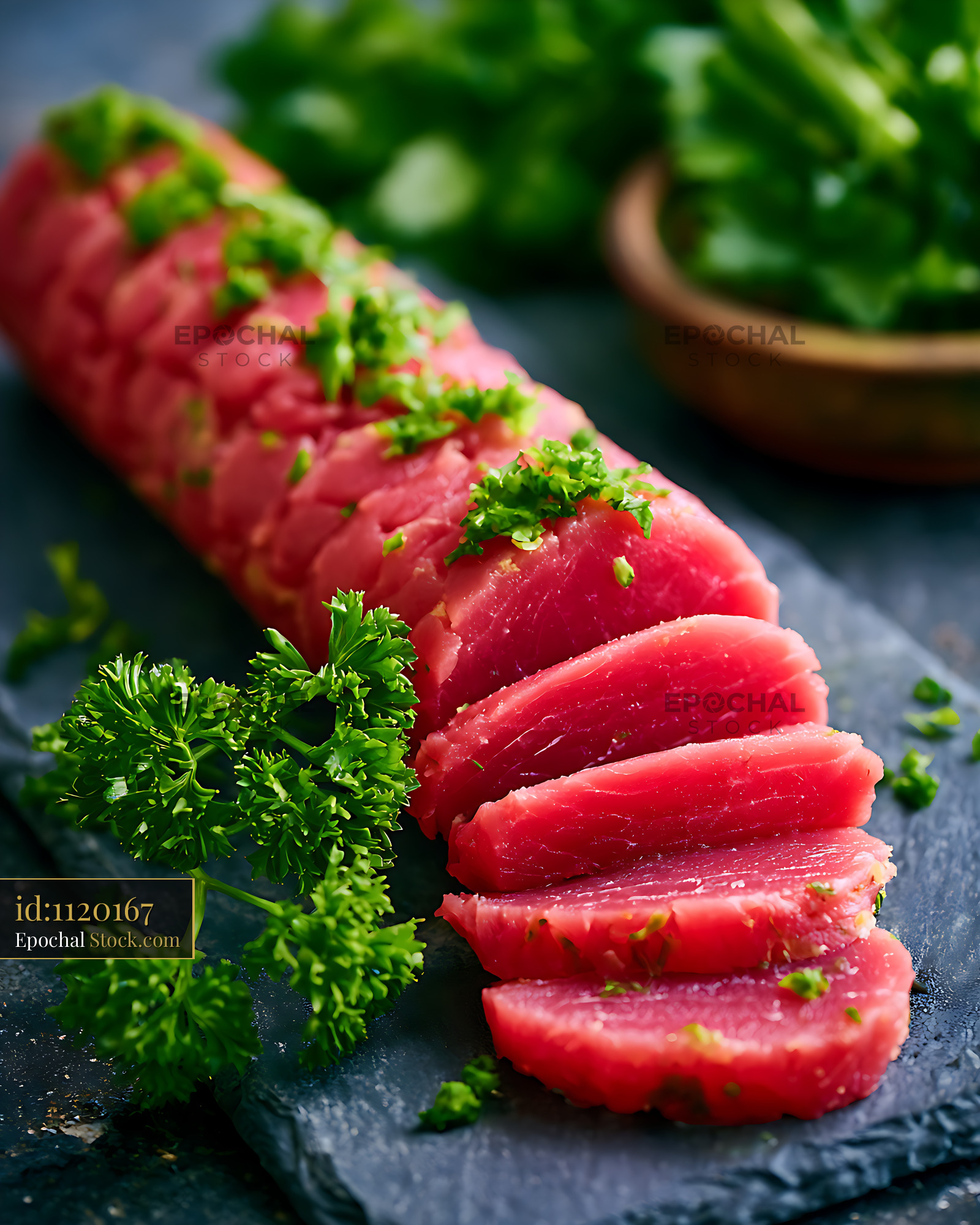 Slices of involtini di pesce spada with fresh parsley on slate - stock photo