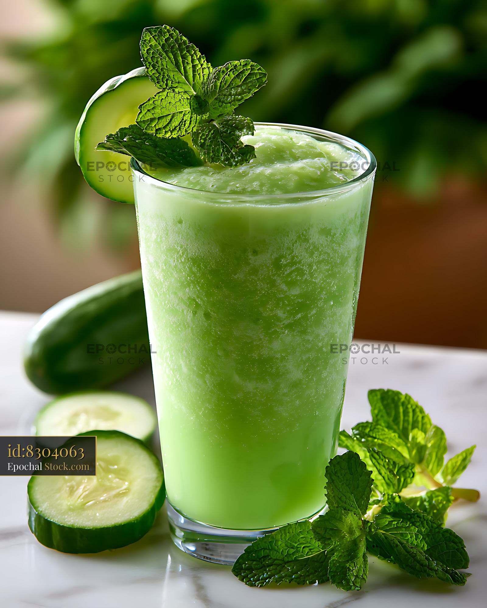 Refreshing cucumber mint smoothie with fresh garnish on marble table - stock photo