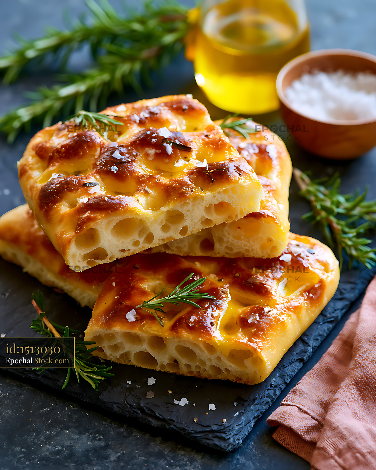 Traditional focaccia di voltri ligure with rosemary and sea salt - stock photo