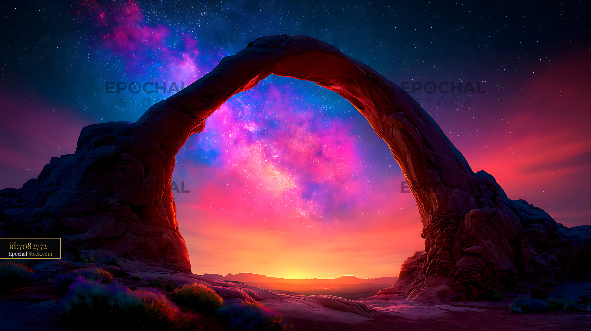Natural stone arch framing the vibrant milky way galaxy at sunset - stock photo