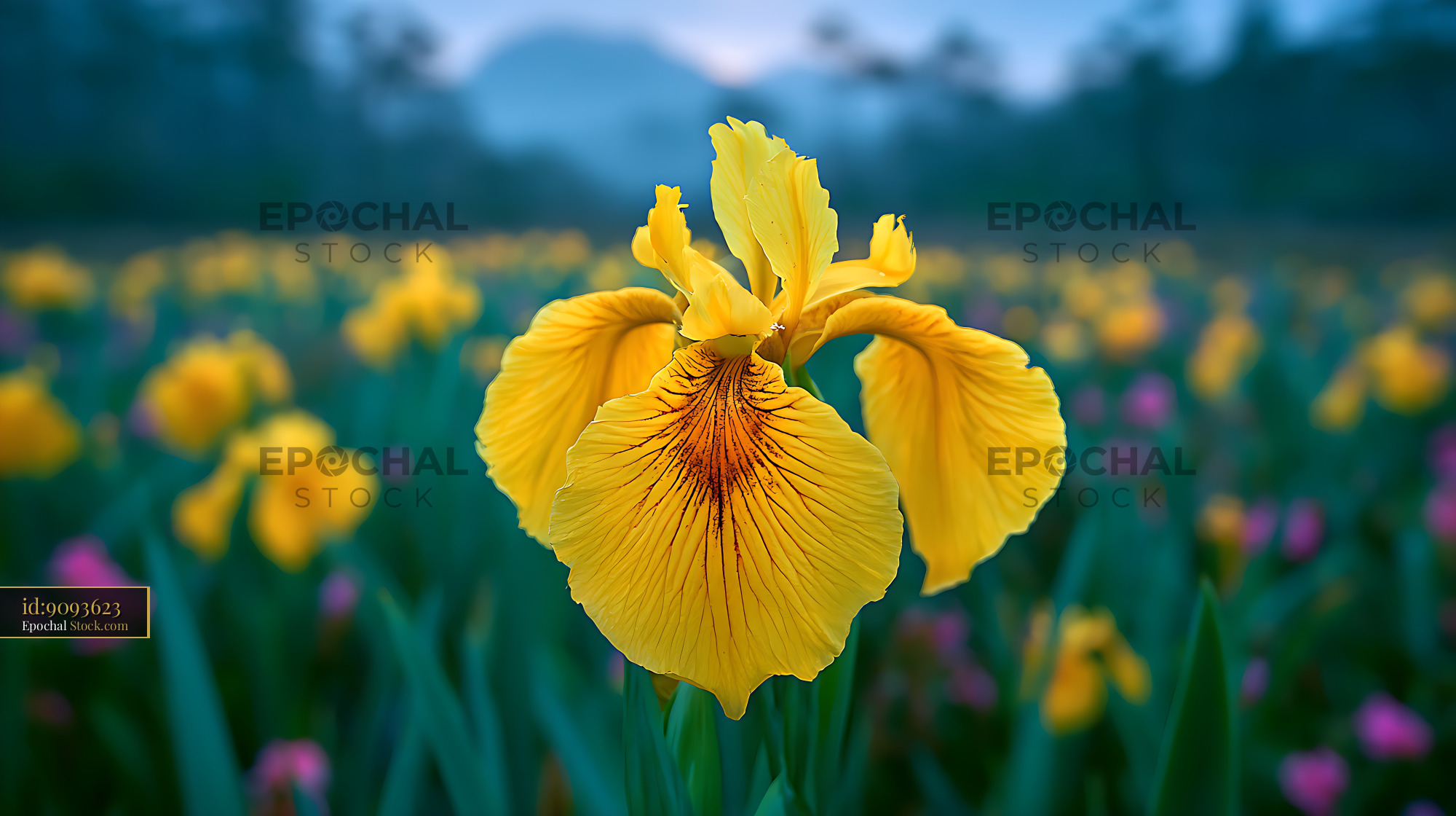 Yellow wild iris blooming in a misty Connemara bog at dawn - stock photo