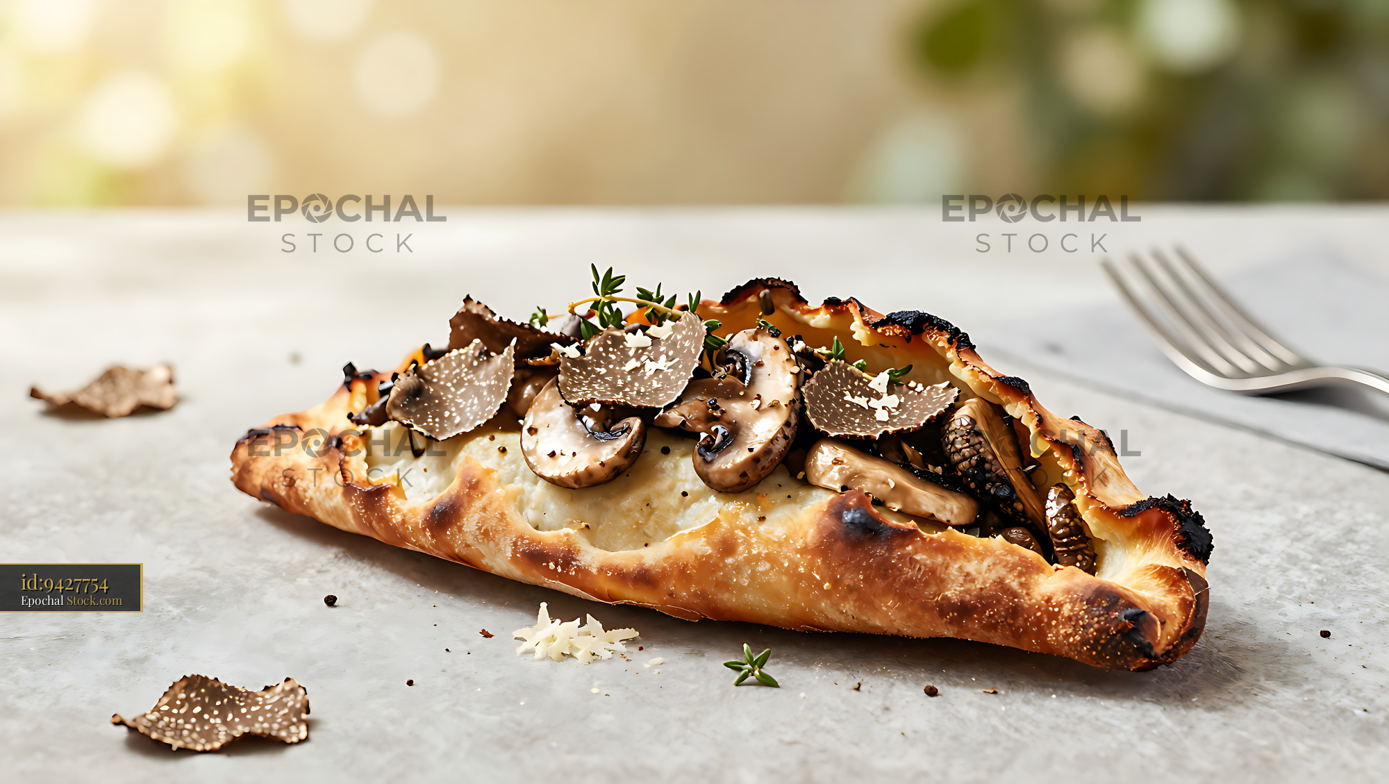 Artisanal calzone boscaiola with fresh mushrooms and black truffle - stock photo